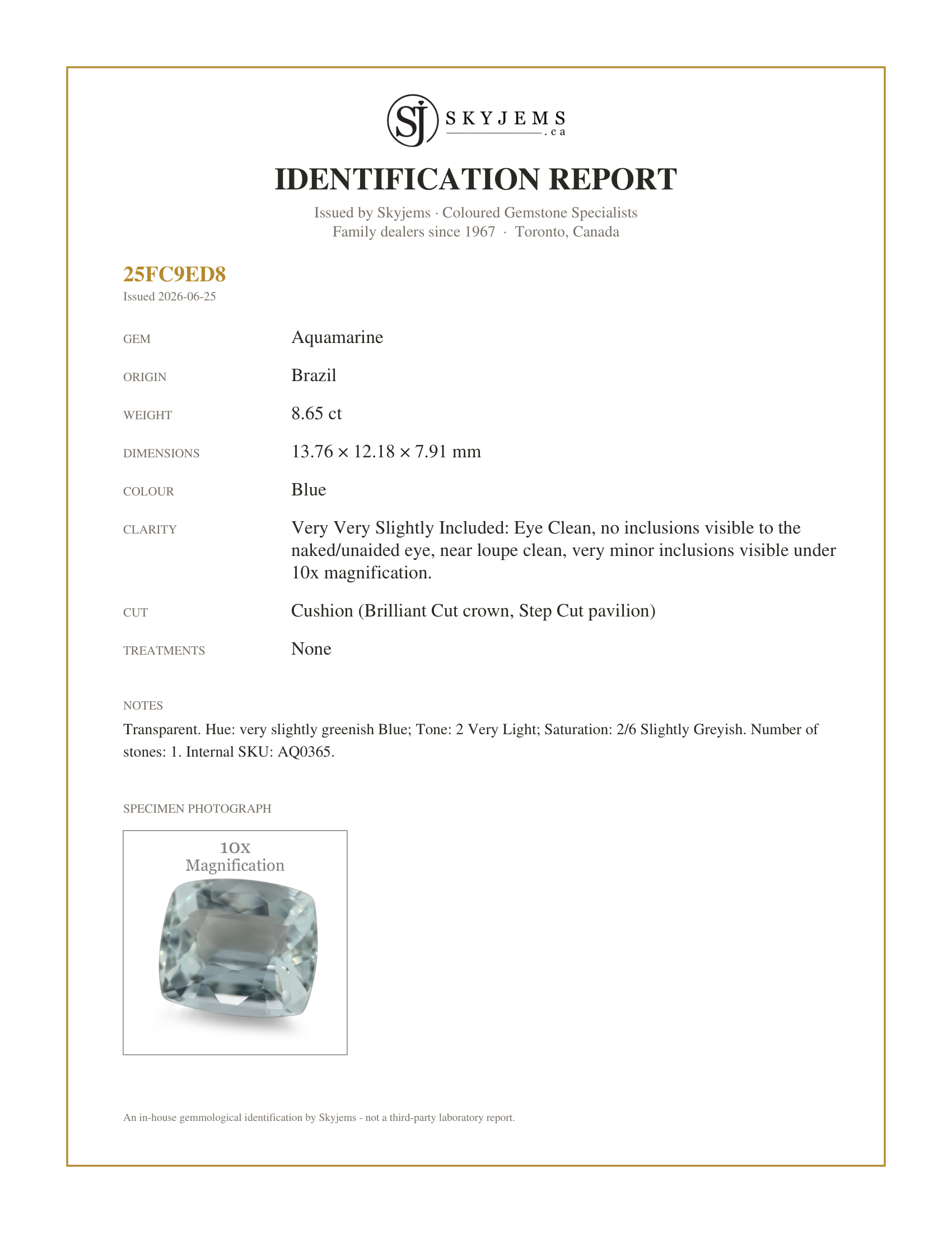 Skyjems Identification Report for AQ0365 — 8.65ct Cushion Aquamarine