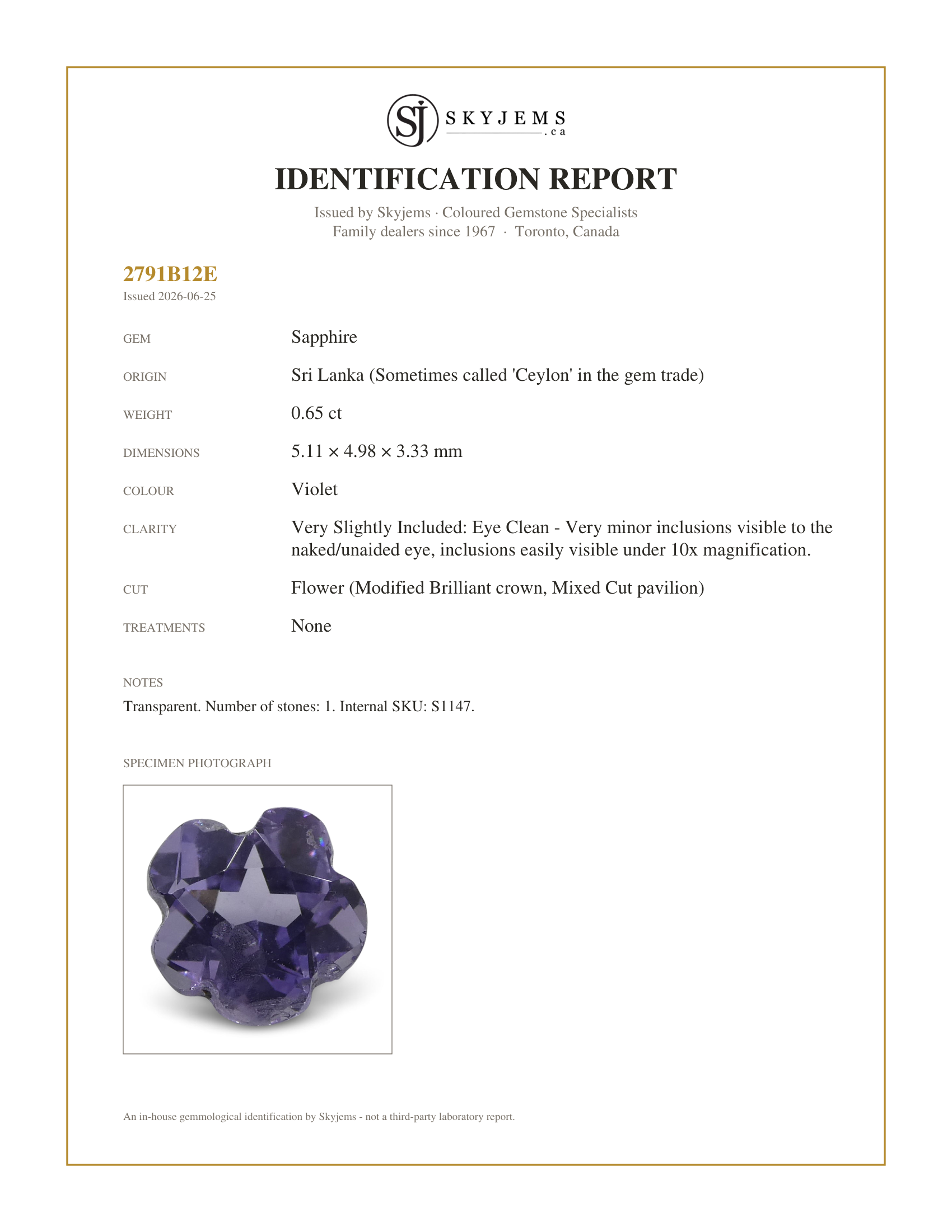 Skyjems Identification Report for S1147 — 0.65ct Violet Sapphire Flower