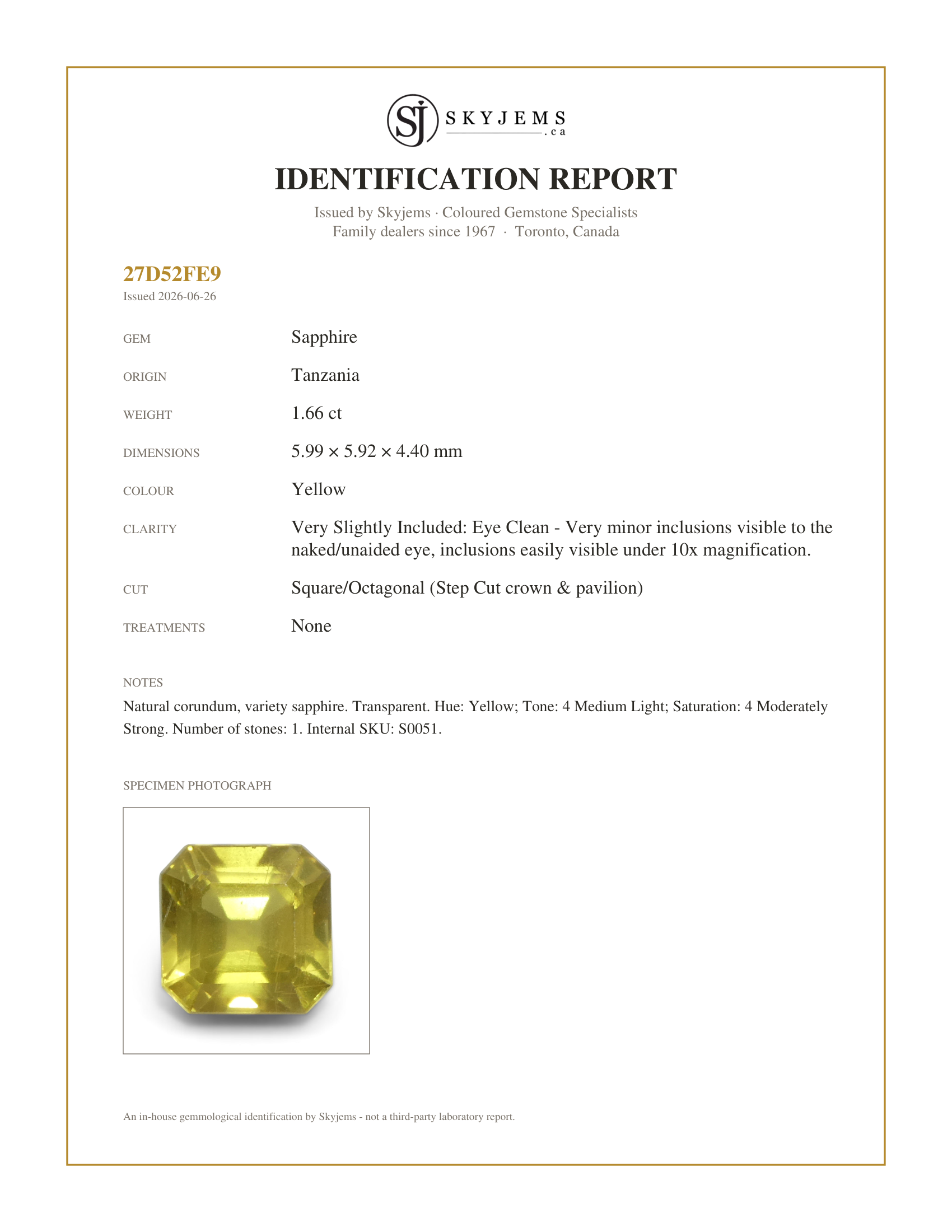 Skyjems Identification Report for S0051 — 1.66ct Unheated Square/Octagonal Yellow Sapphire from Tanzania, Unheated