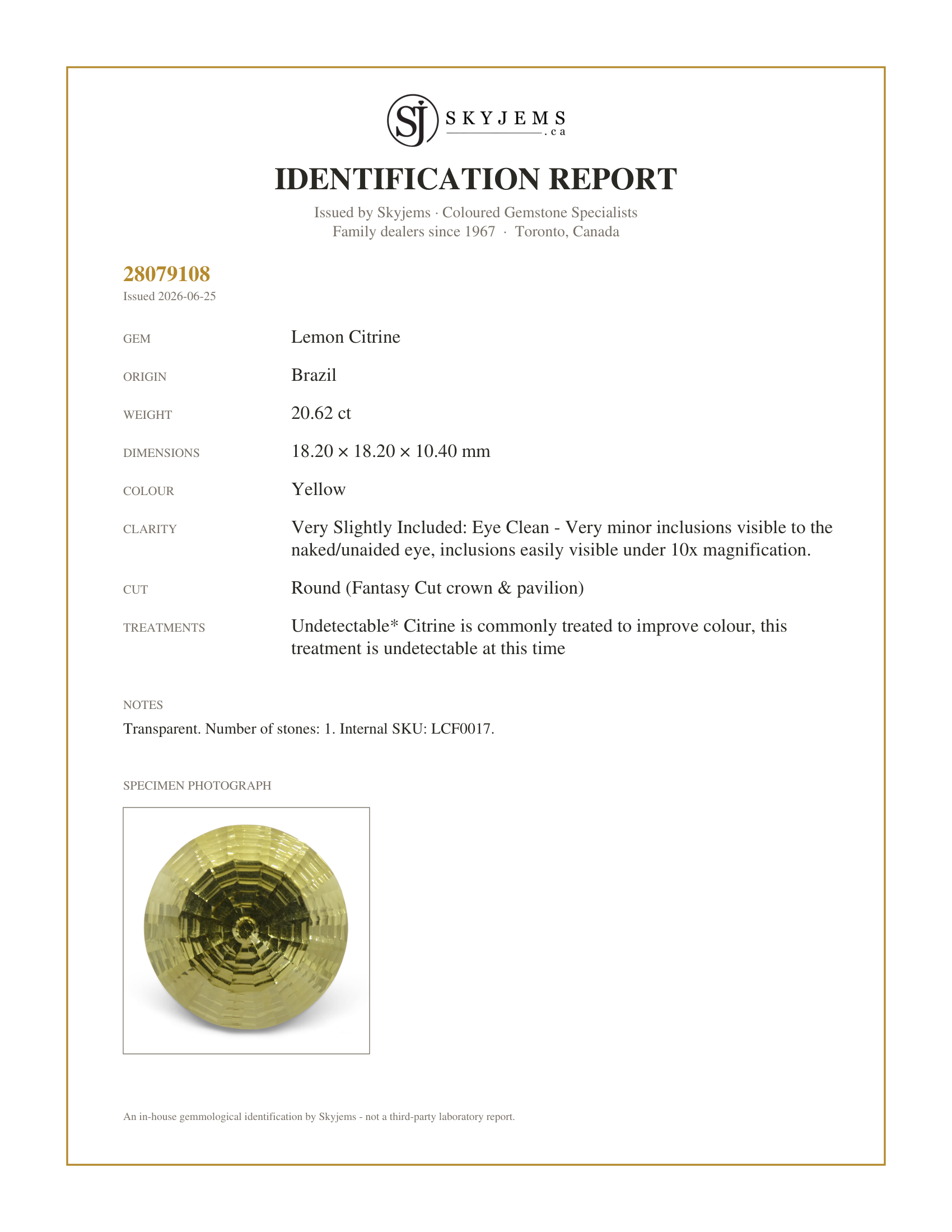 Skyjems Identification Report for LCF0017 — 20.62ct Round Lemon Citrine Fantasy/Fancy Cut
