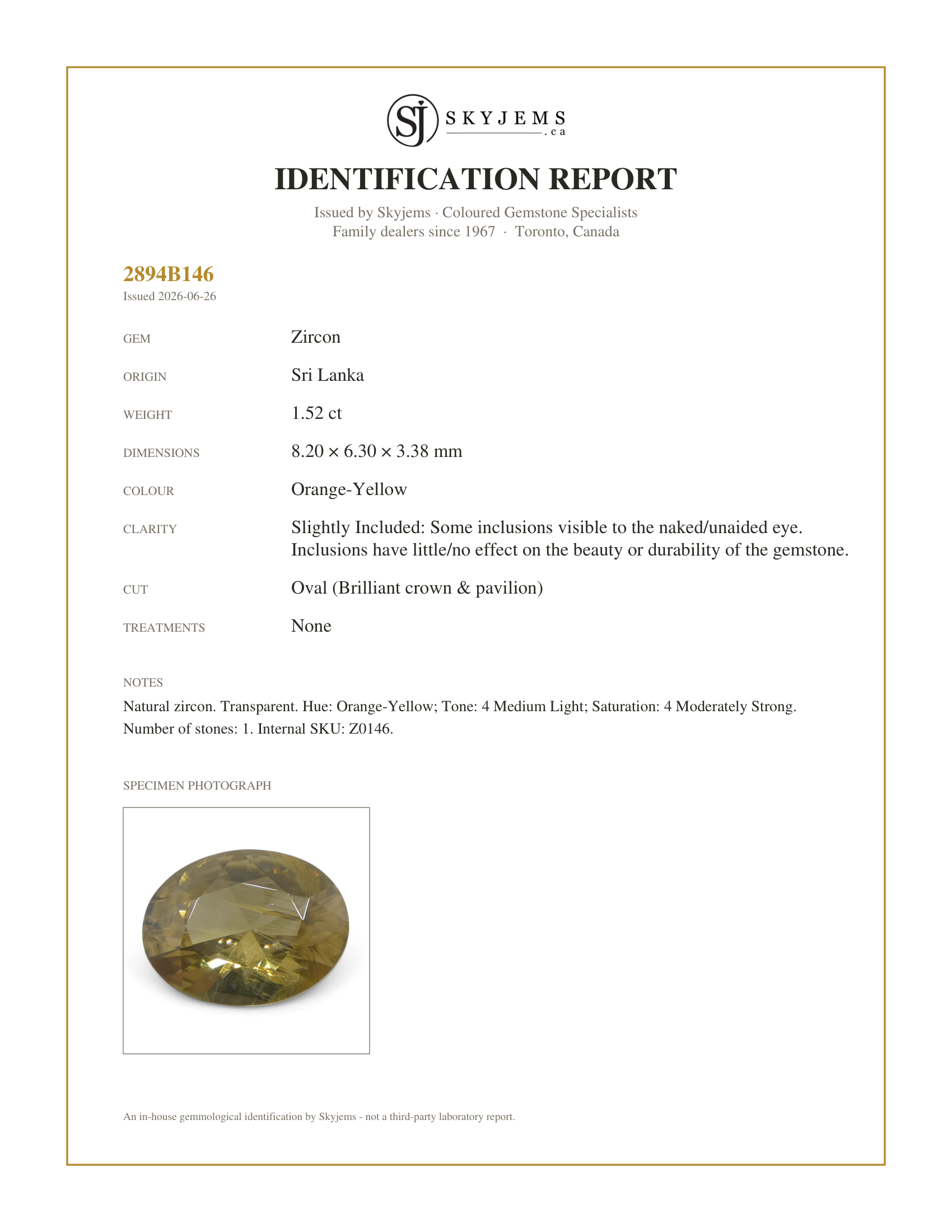 Skyjems Identification Report for Z0146 — 1.52ct Natural Earth Mined Oval Master Brilliant Cut Orange-Yellow Zircon from Sri Lanka