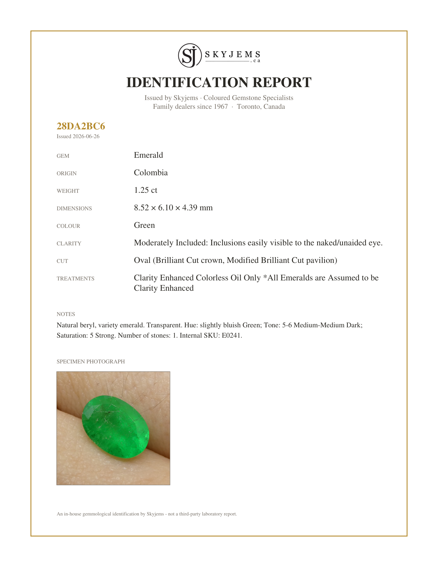 Skyjems Identification Report for E0241 — 1.25ct Oval Green Emerald from Colombia