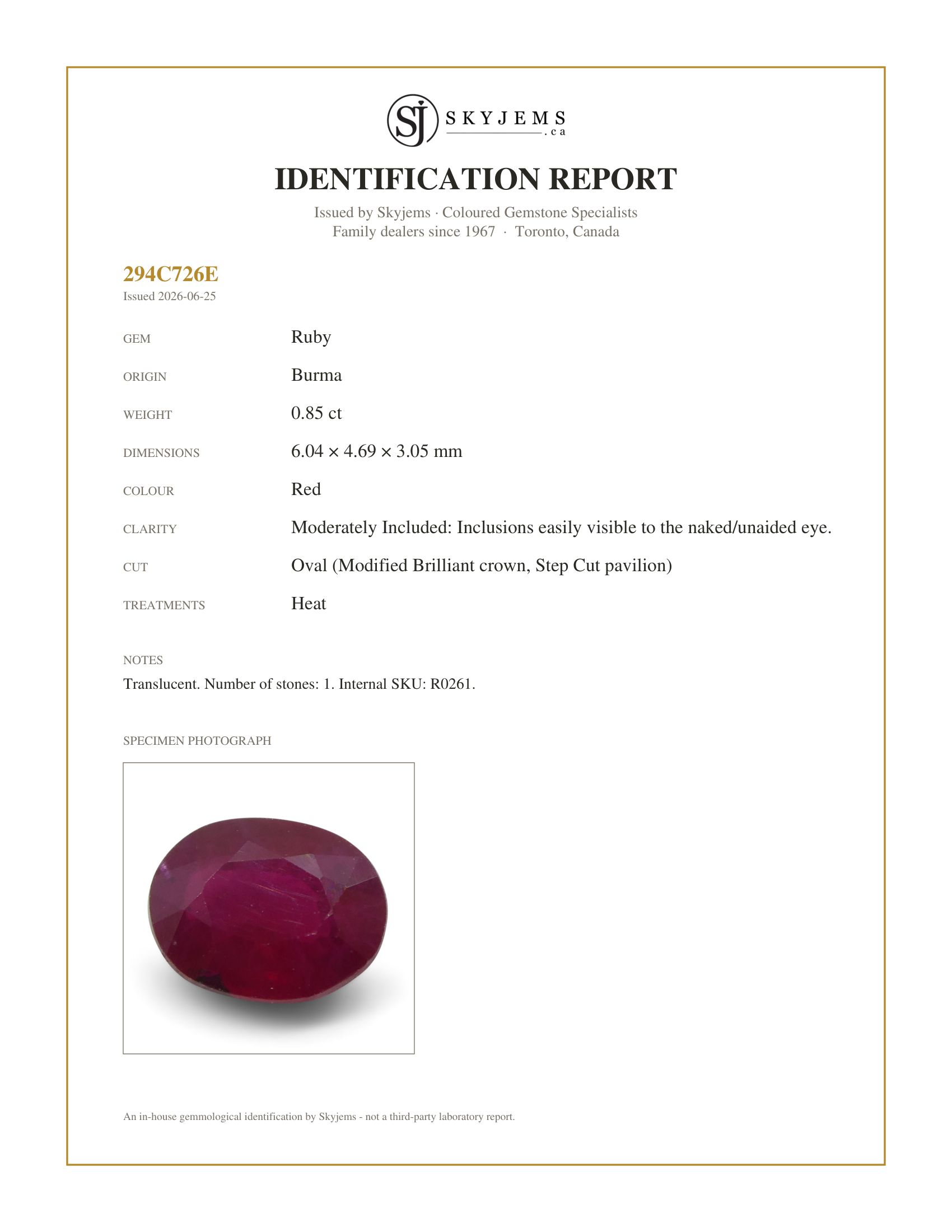 Skyjems Identification Report for R0261 — 0.85 ct Oval Ruby Burma