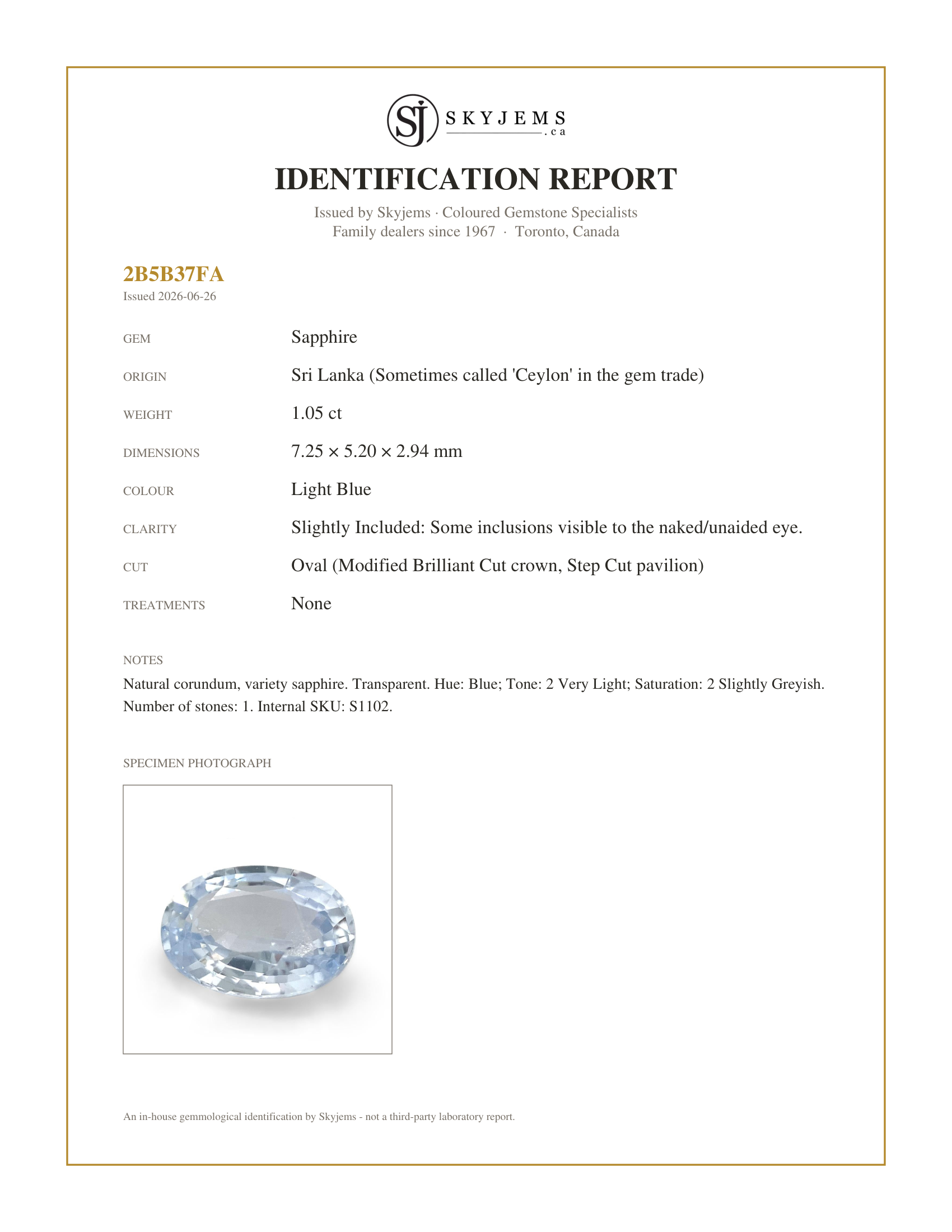 Skyjems Identification Report for S1102 — 1.05ct Oval Icy Blue Sapphire from Sri Lanka Unheated