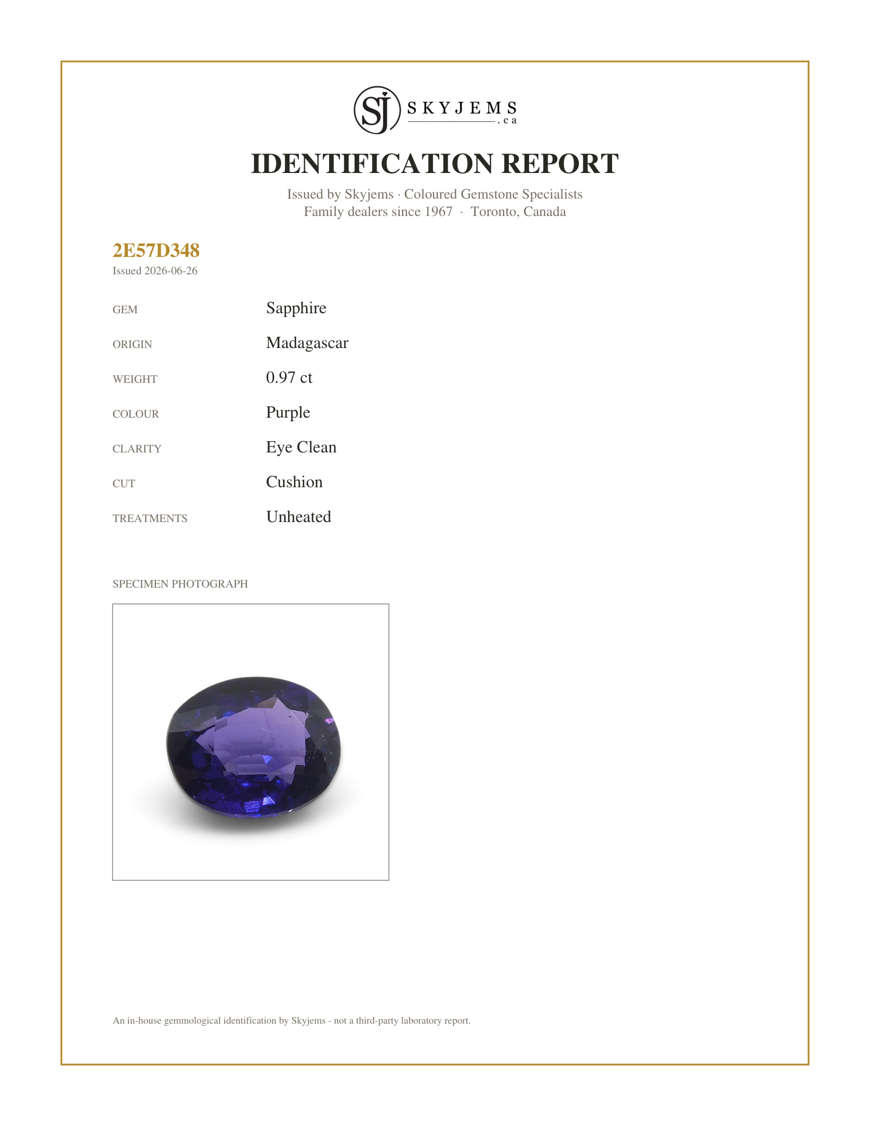 Skyjems Identification Report for — 0.97ct Oval Purple Sapphire from Madagascar, Unheated