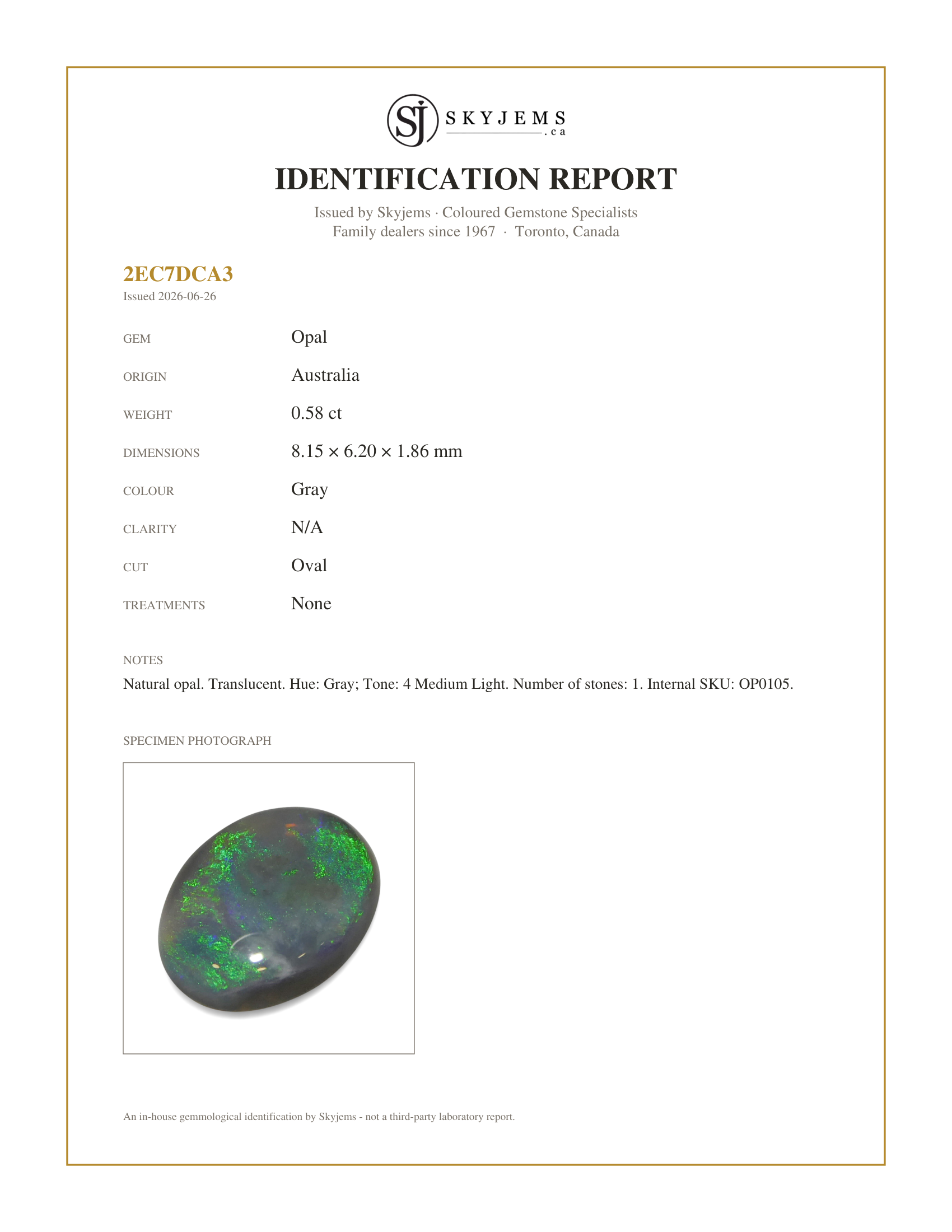 Skyjems Identification Report for OP0105 — 0.58ct Oval Cabochon Gray Opal from Australia