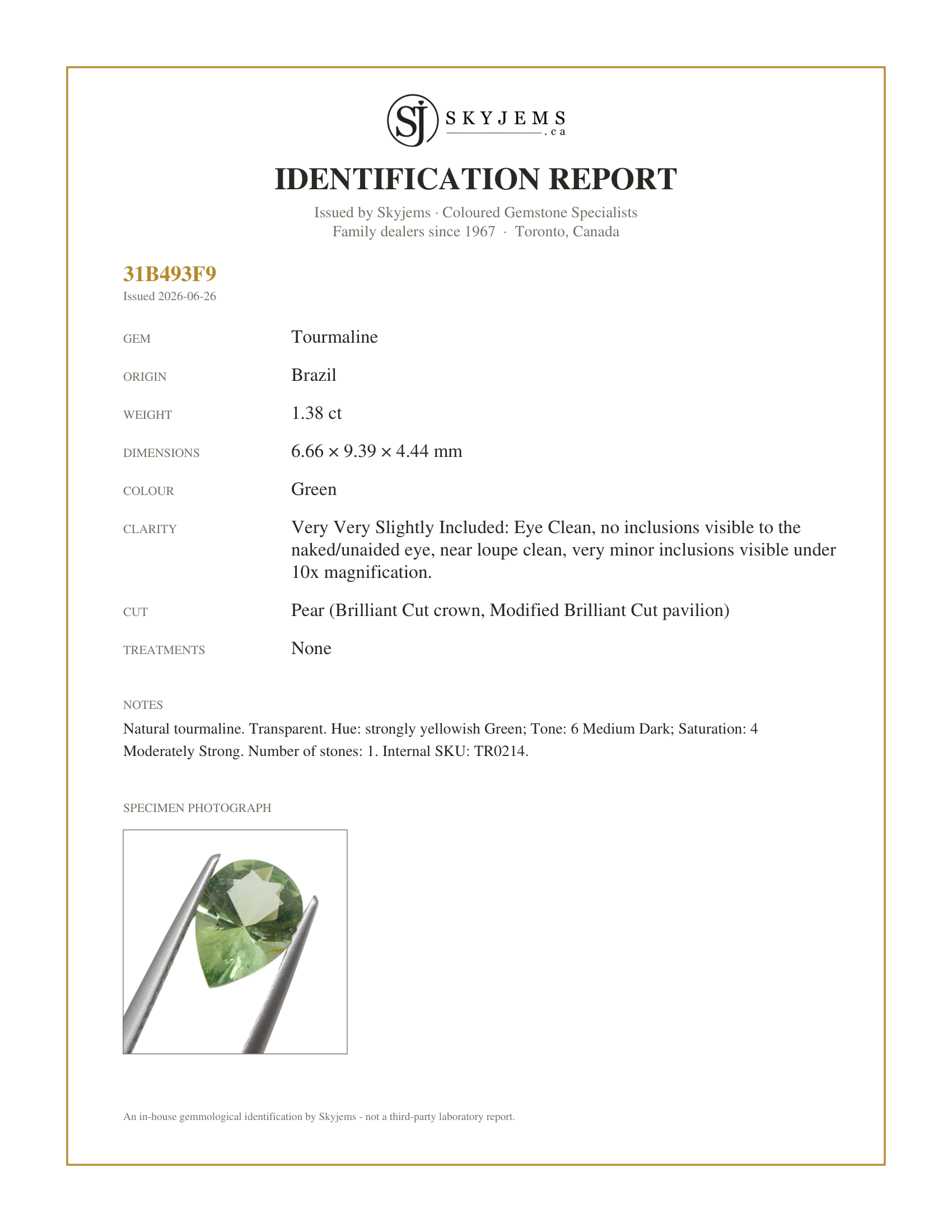 Skyjems Identification Report for TR0214 — 1.38ct Pear Green Tourmaline