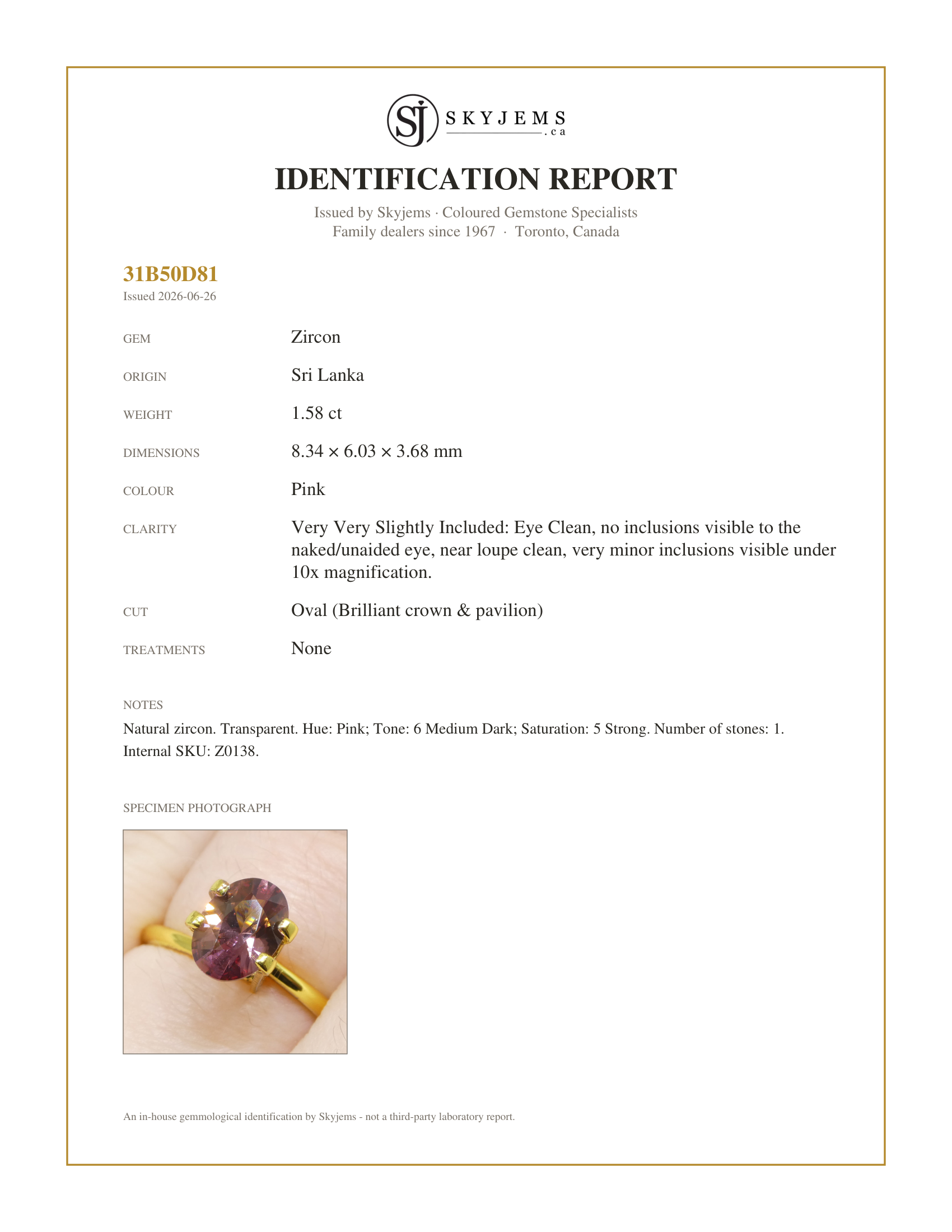 Skyjems Identification Report for Z0138 — 1.58ct Natural Earth Mined Oval Master Brilliant Cut Pink Zircon from Sri Lanka