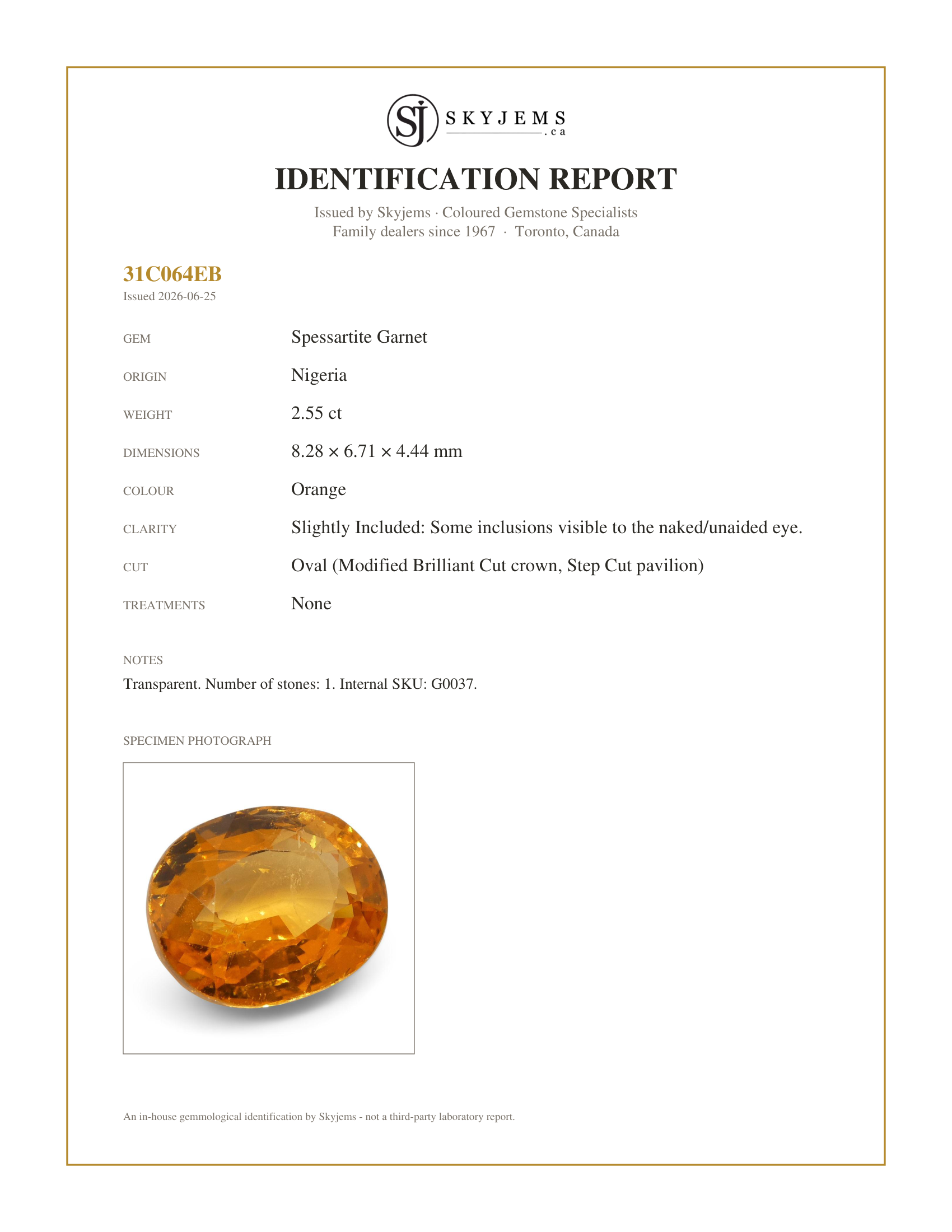 Skyjems Identification Report for G0037 — 2.55 ct Oval Vivid Fanta Orange Mandarin Spessartite/Spessartine Garnet