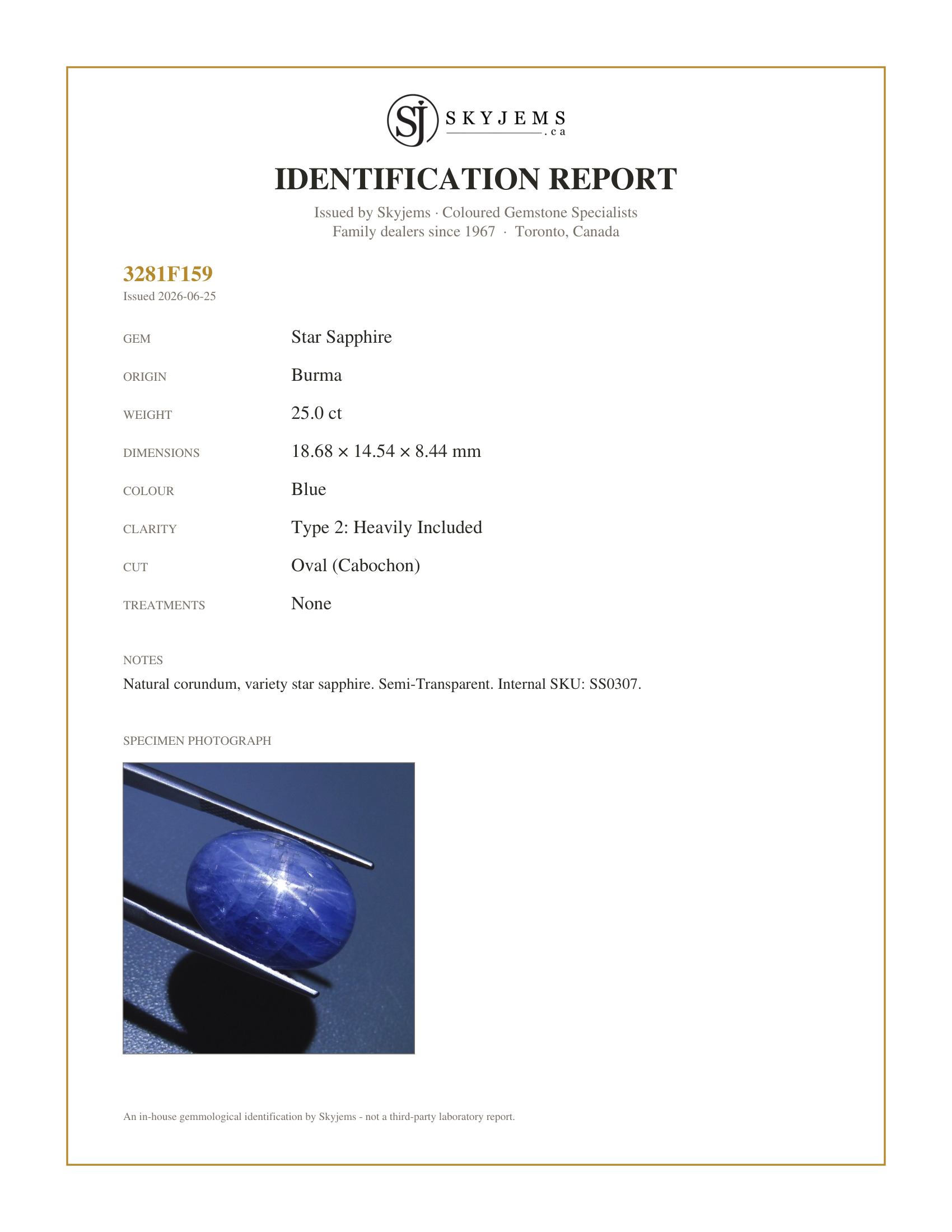 Skyjems Identification Report for SS0307 — 25 ct Oval Star Sapphire
