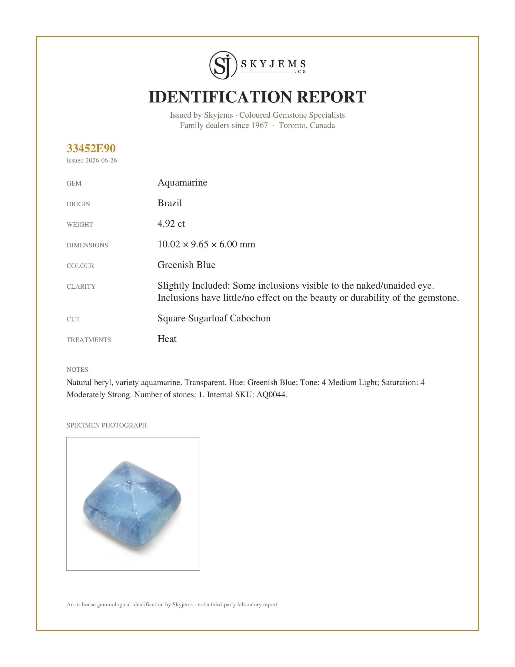 Skyjems Identification Report for AQ0044 — 4.92ct Square Sugarloaf Cabochon Blue Aquamarine from Brazil