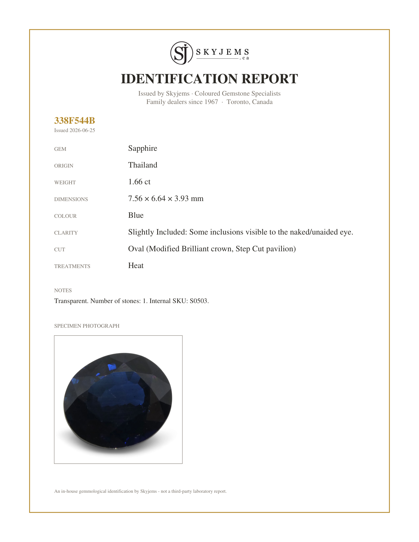 Skyjems Identification Report for S0503 — 1.66 ct Oval Sapphire Thailand