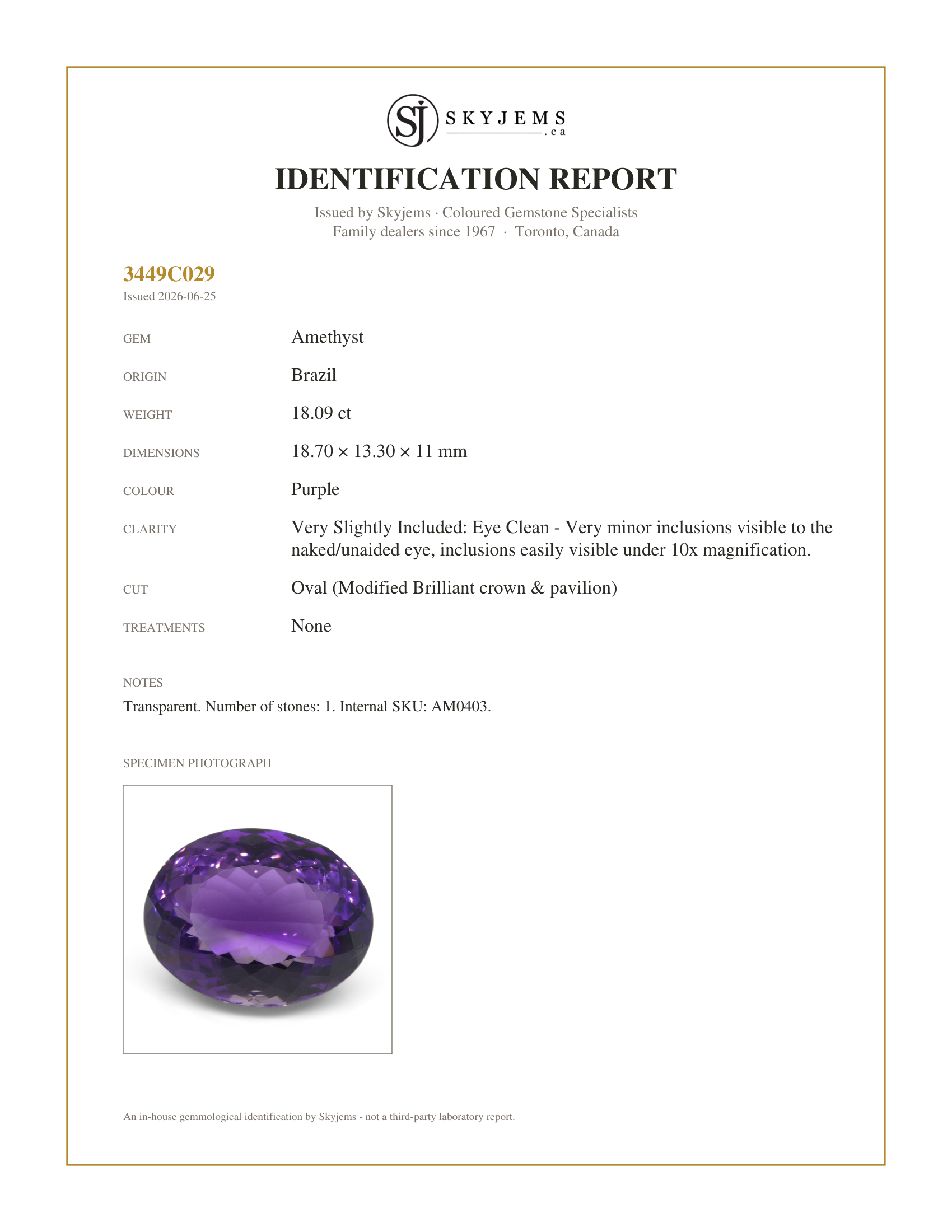 Skyjems Identification Report for AM0403 — 18.09 ct Oval Amethyst