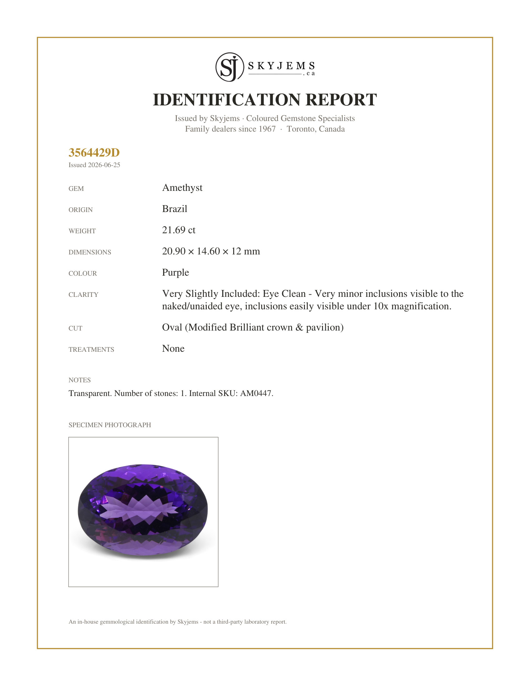 Skyjems Identification Report for AM0447 — 21.69 ct Oval Amethyst