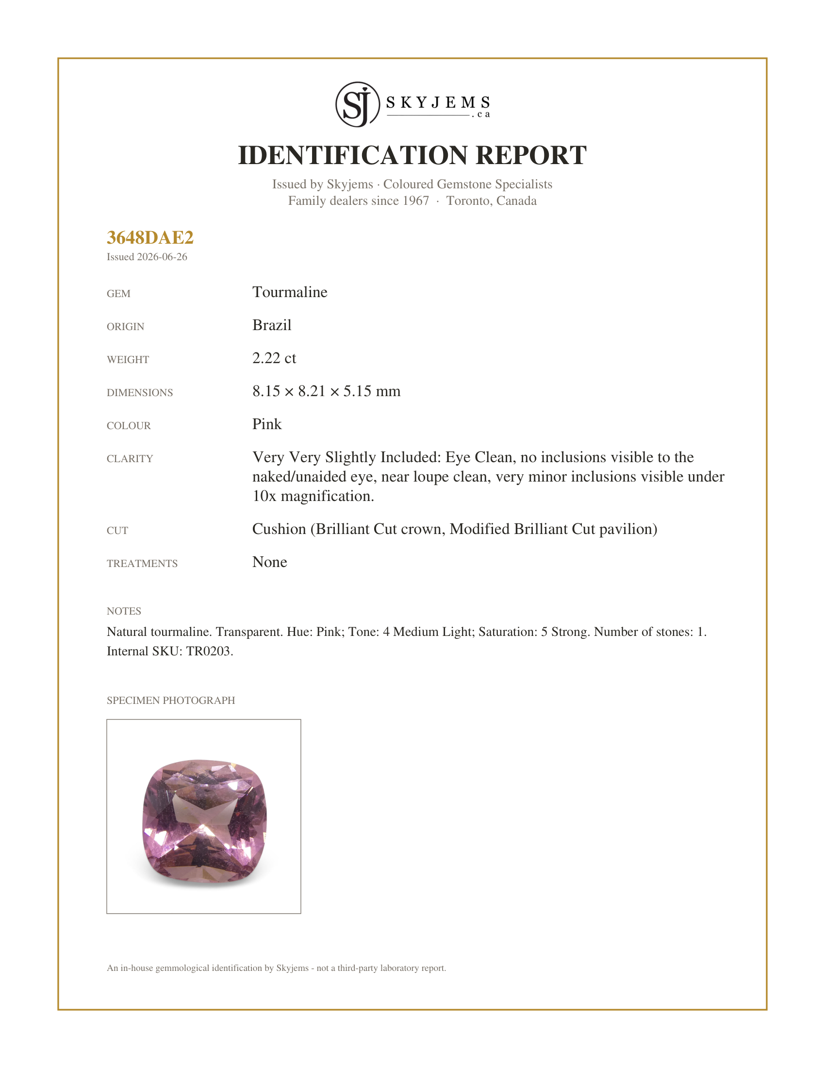 Skyjems Identification Report for TR0203 — 2.22ct Cushion Pink Tourmaline