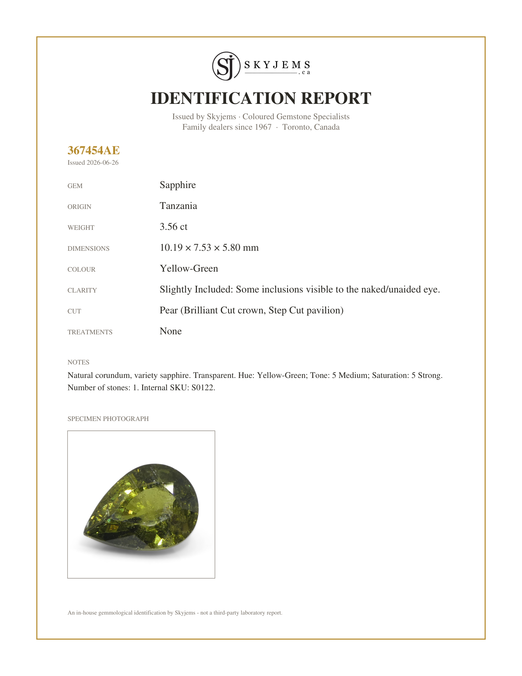 Skyjems Identification Report for S0122 — 3.56ct Pear Yellow-Green Sapphire from Tanzania Unheated