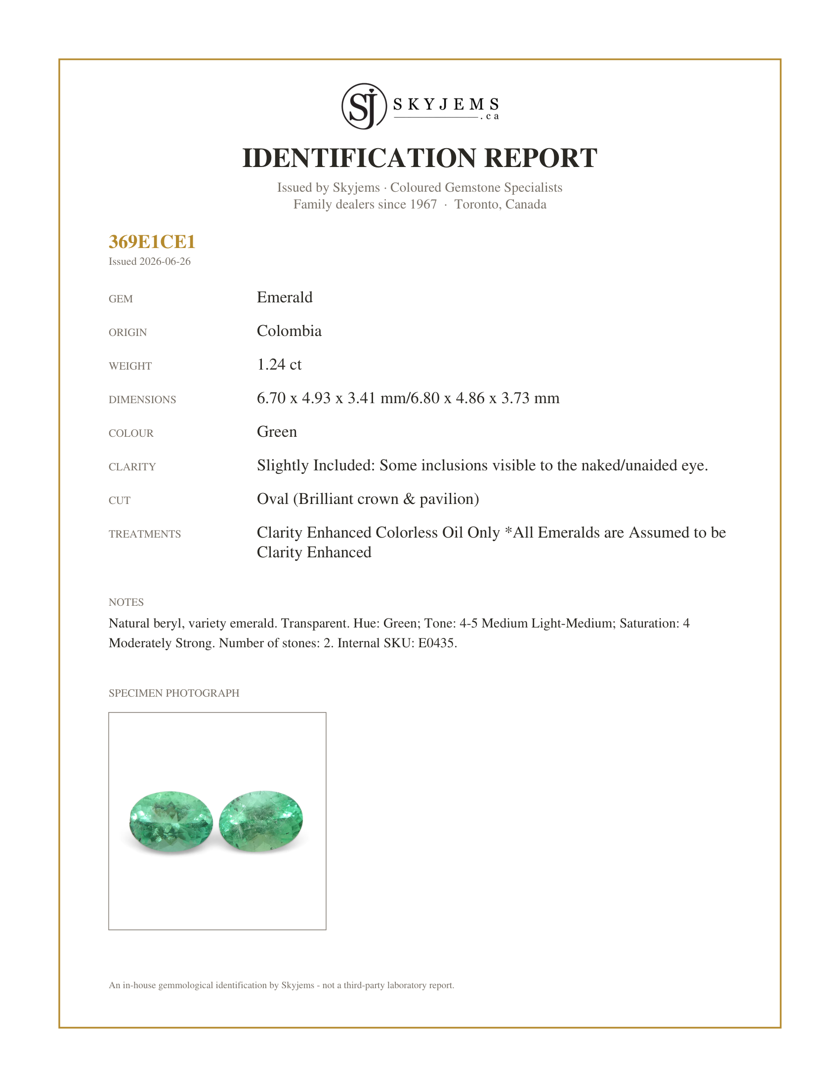 Skyjems Identification Report for E0435 — 1.24ct Pair Oval Green Emerald from Colombia
