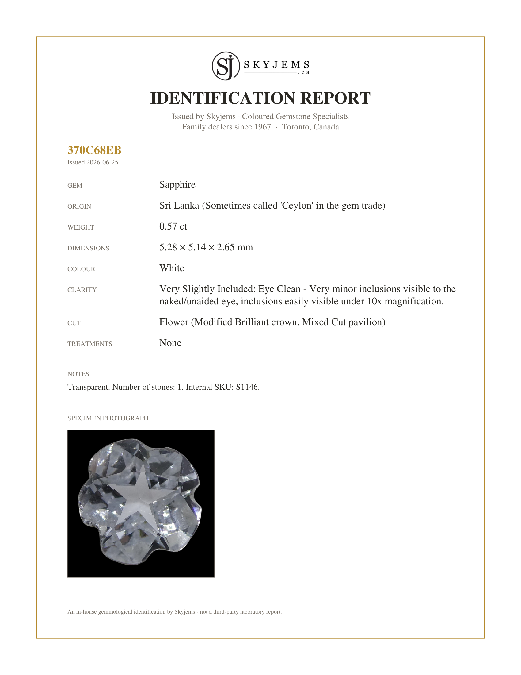 Skyjems Identification Report for S1146 — 0.57ct White Sapphire Flower