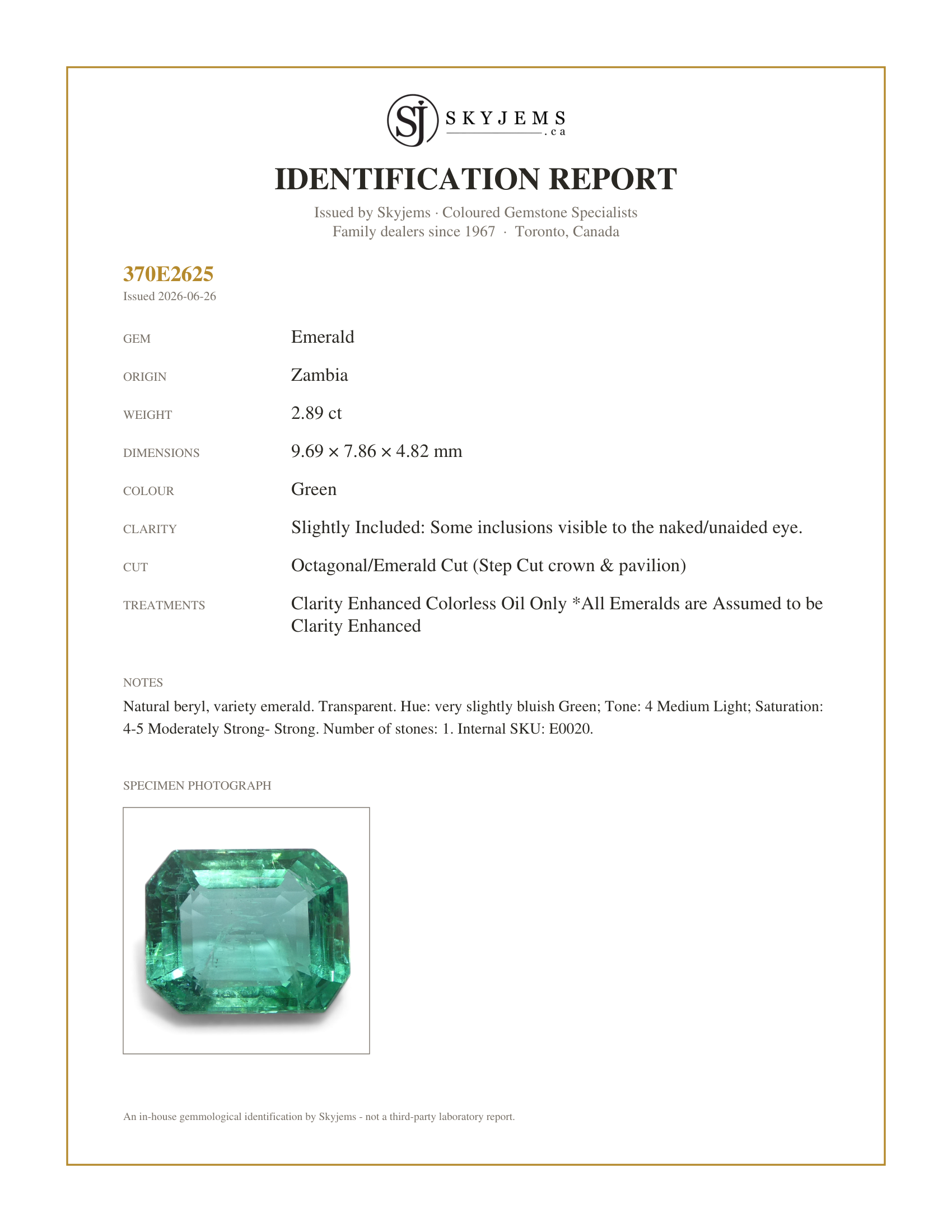 Skyjems Identification Report for E0020 — 2.89ct Octagonal/Emerald Cut Green Emerald from Zambia