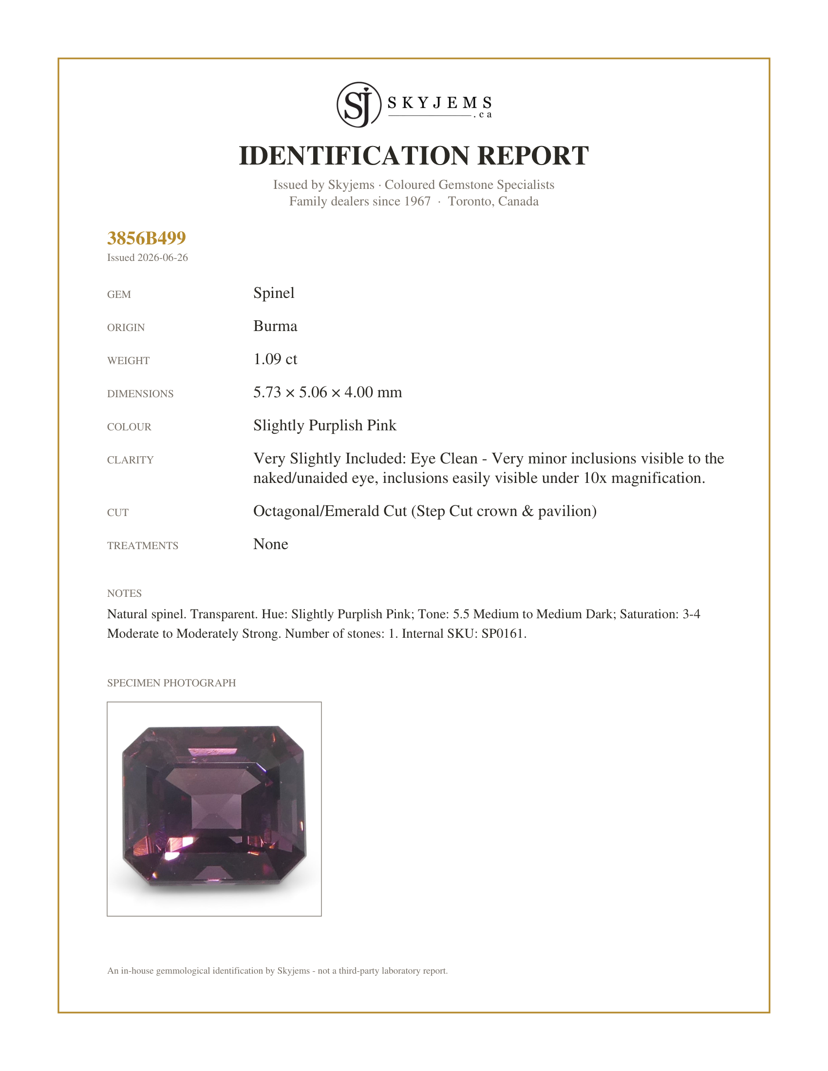 Skyjems Identification Report for SP0161 — 1.09ct Octagonal/Emerald Cut Pink Spinel from Burma Unheated