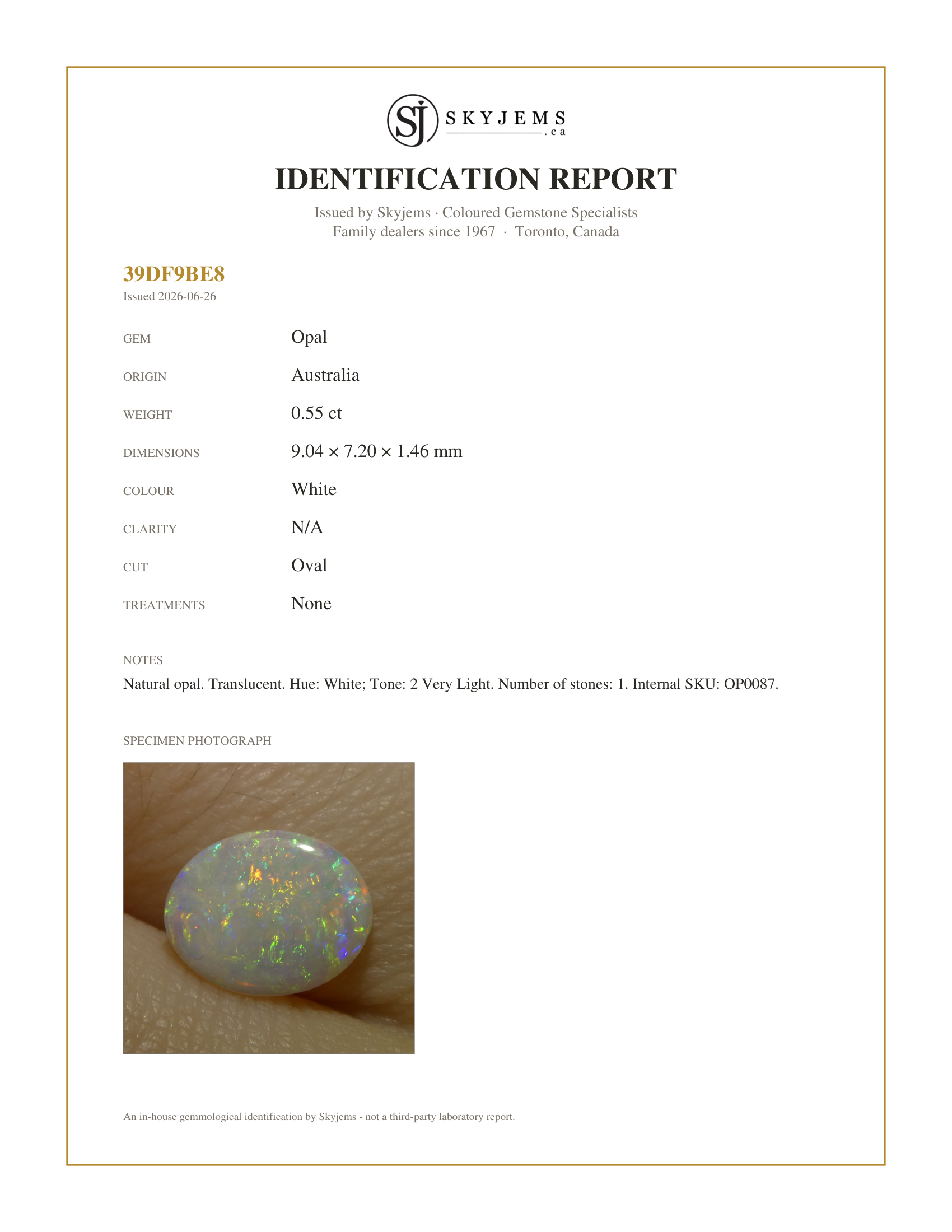 Skyjems Identification Report for OP0087 — 0.55ct Oval Cabochon White Opal from Australia