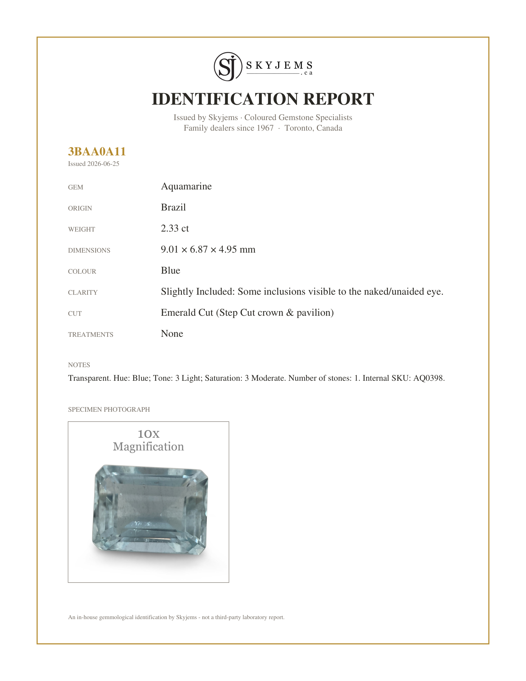 Skyjems Identification Report for AQ0398 — 2.33ct Emerald Cut Aquamarine from Brazil