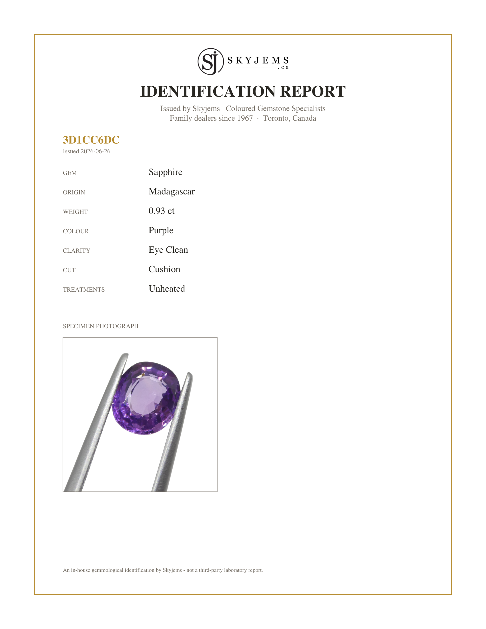 Skyjems Identification Report for — 0.93ct Oval Purple Sapphire from Madagascar Unheated