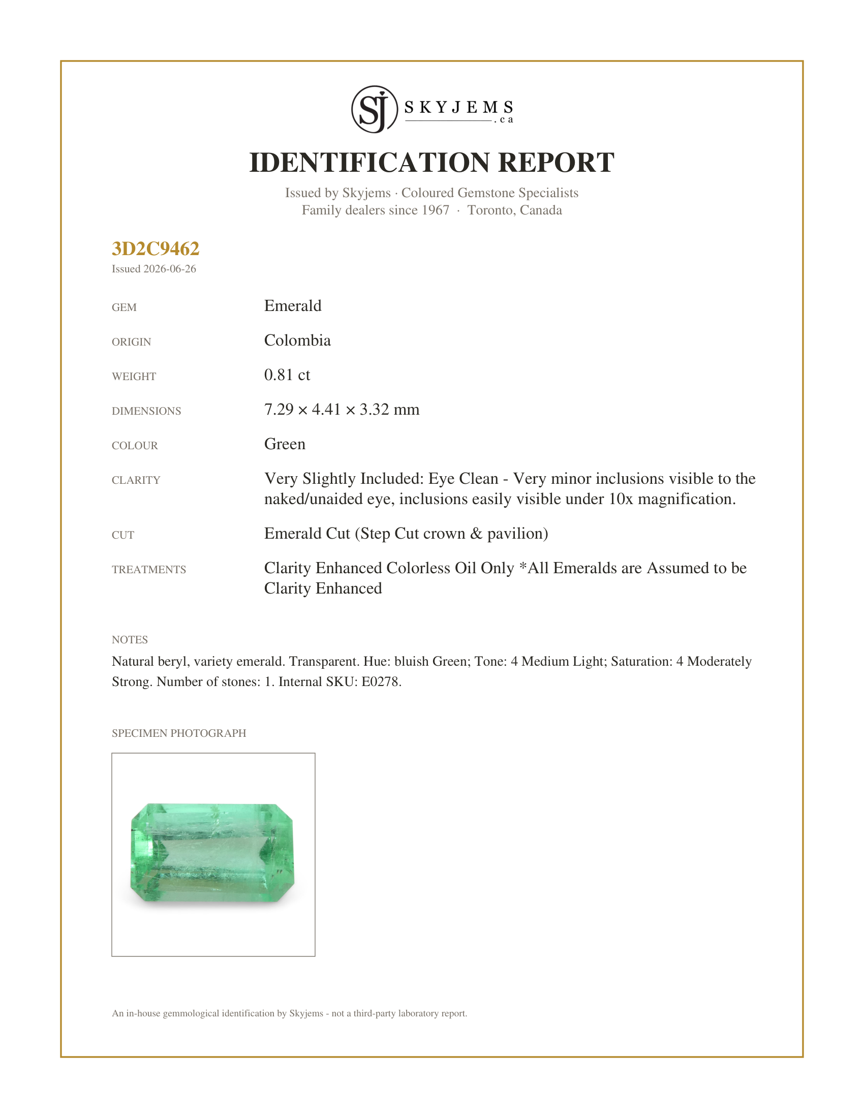Skyjems Identification Report for E0278 — 0.81ct Emerald Cut Green Emerald from Colombia