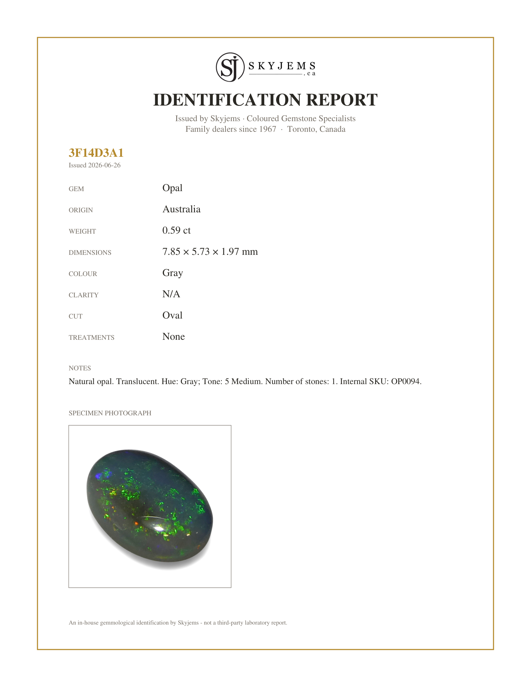 Skyjems Identification Report for OP0094 — 0.59ct Oval Cabochon Gray Opal from Australia