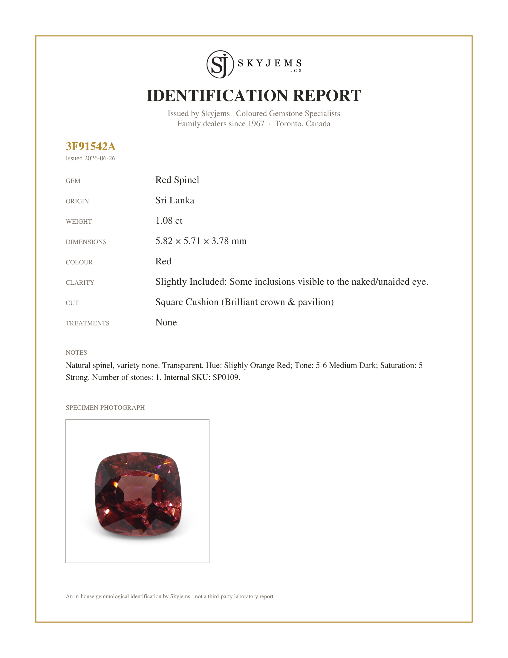 Skyjems Identification Report for SP0109 — 1.08ct Square Cushion Red Spinel from Sri Lanka