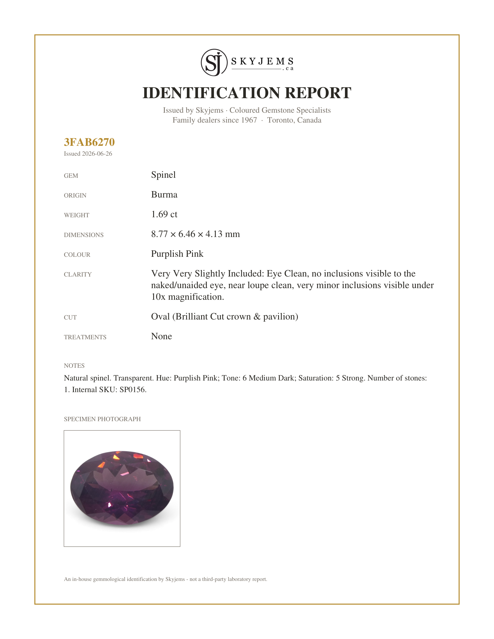 Skyjems Identification Report for SP0156 — 1.69ct Oval Pink Spinel from Burma Unheated