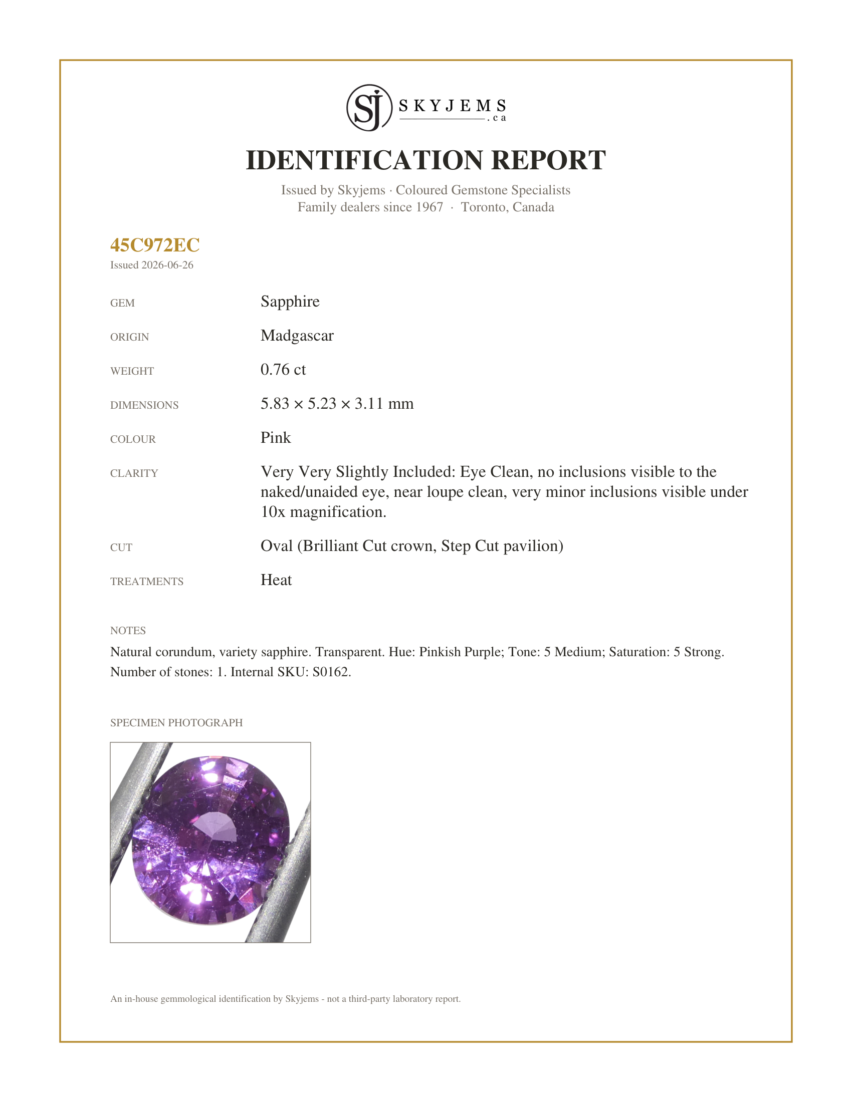 Skyjems Identification Report for S0162 — 0.76ct Oval Pink Sapphire from Madagascar