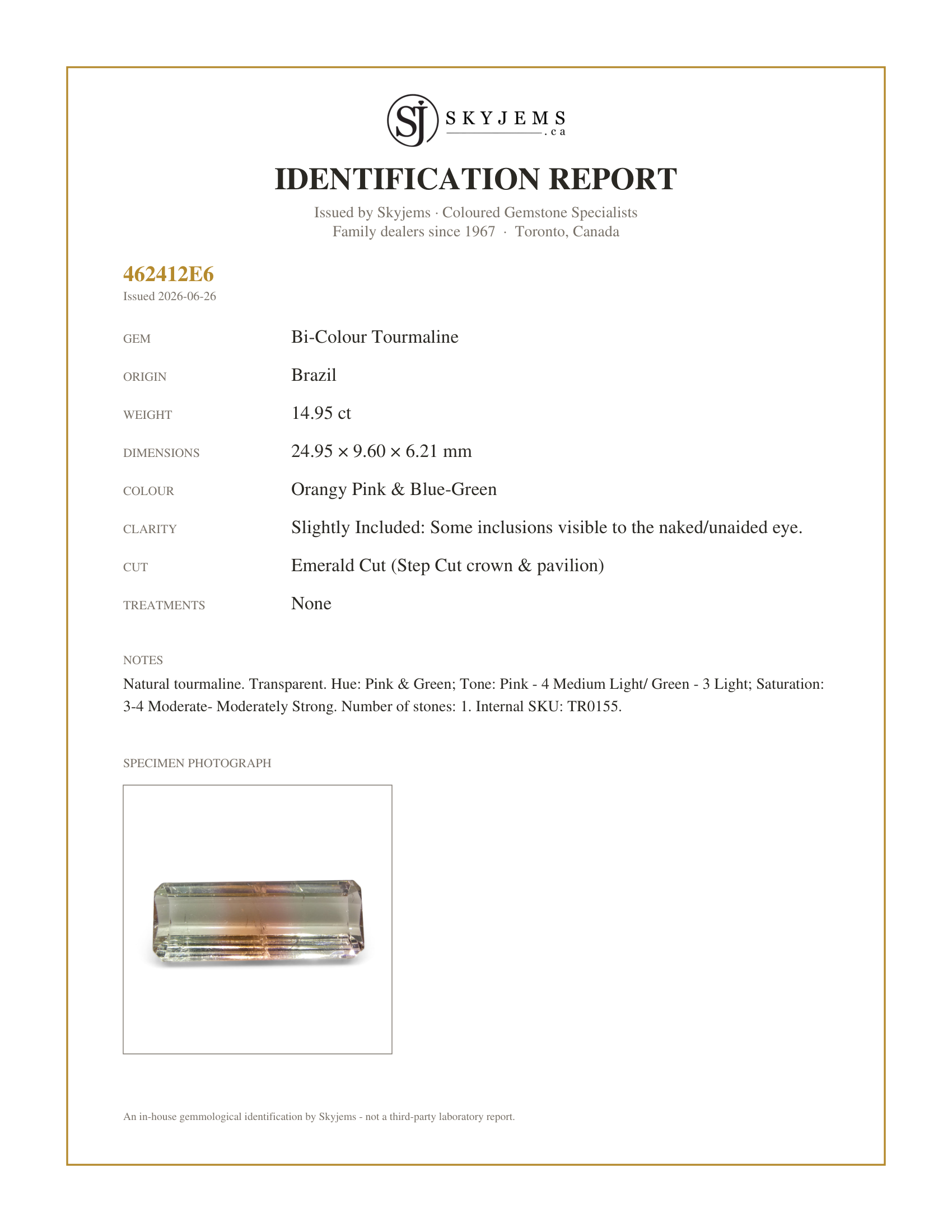 Skyjems Identification Report for TR0155 — 14.95ct Emerald Cut Pink & Green Bi-Colour Tourmaline