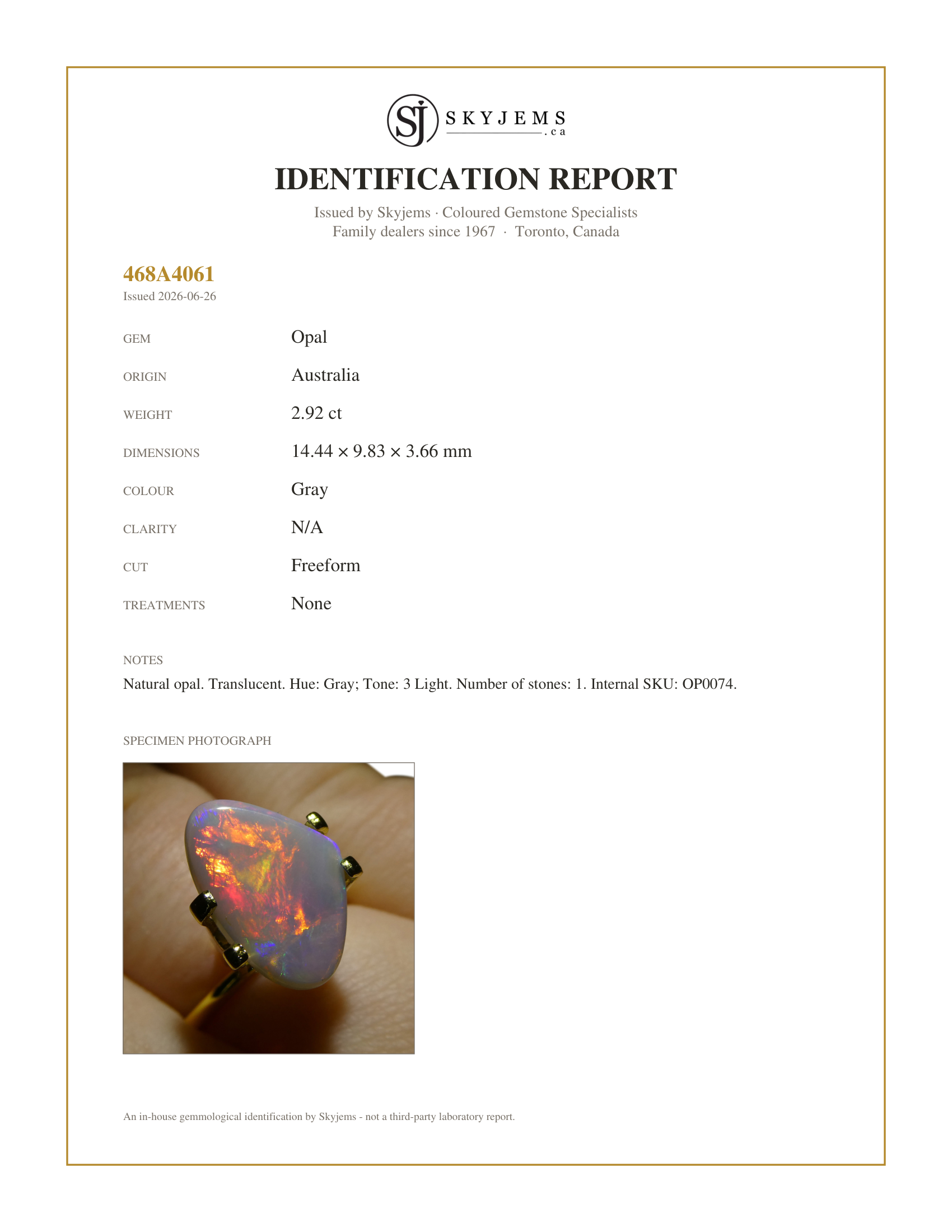 Skyjems Identification Report for OP0074 — 2.92ct Freeform Cabochon Gray Opal from Australia