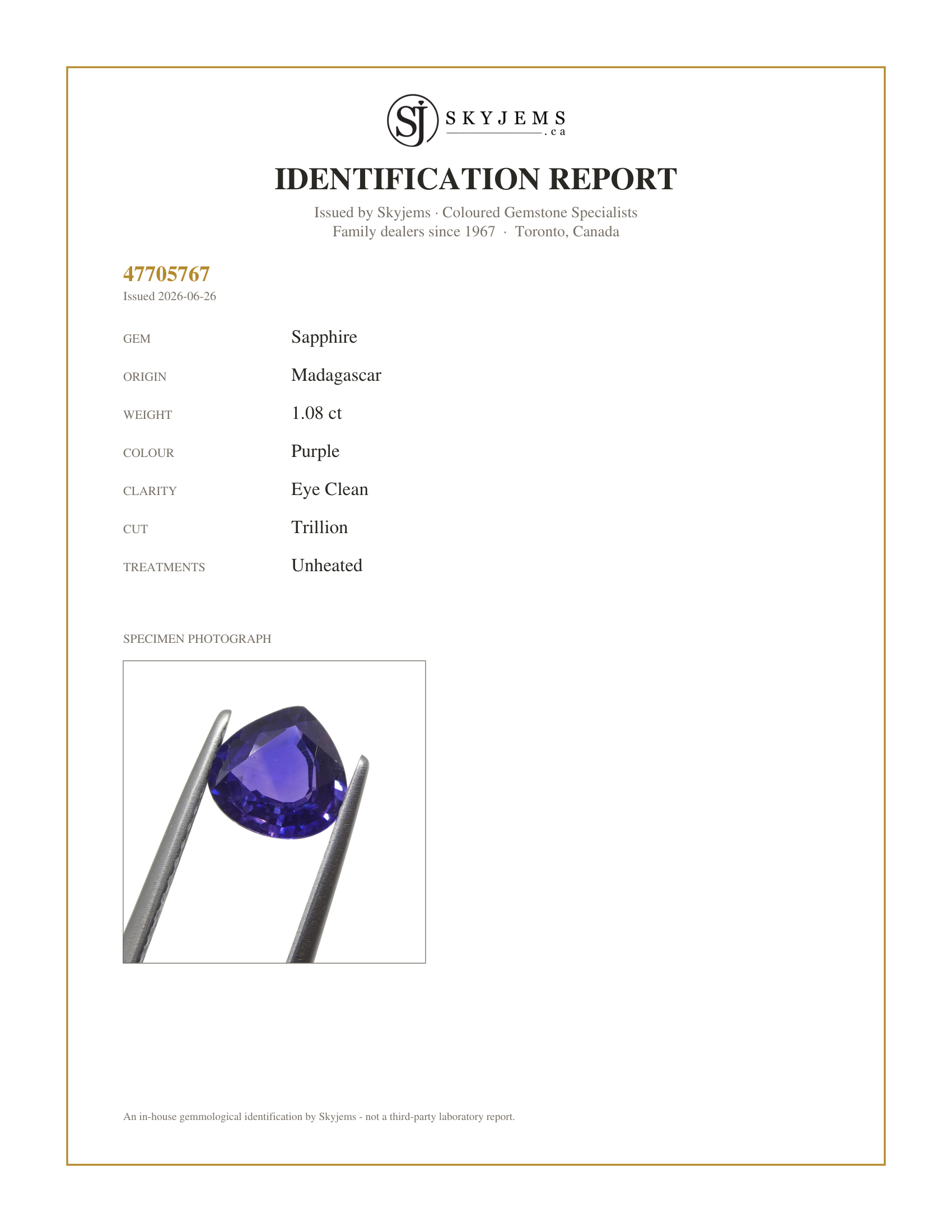 Skyjems Identification Report for — 1.08ct Pear Purple Sapphire from Madagascar Unheated