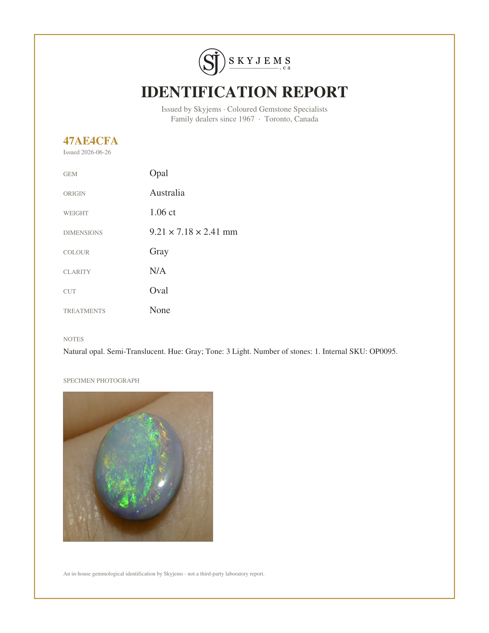 Skyjems Identification Report for OP0095 — 1.06ct Oval Cabochon Gray Opal from Australia
