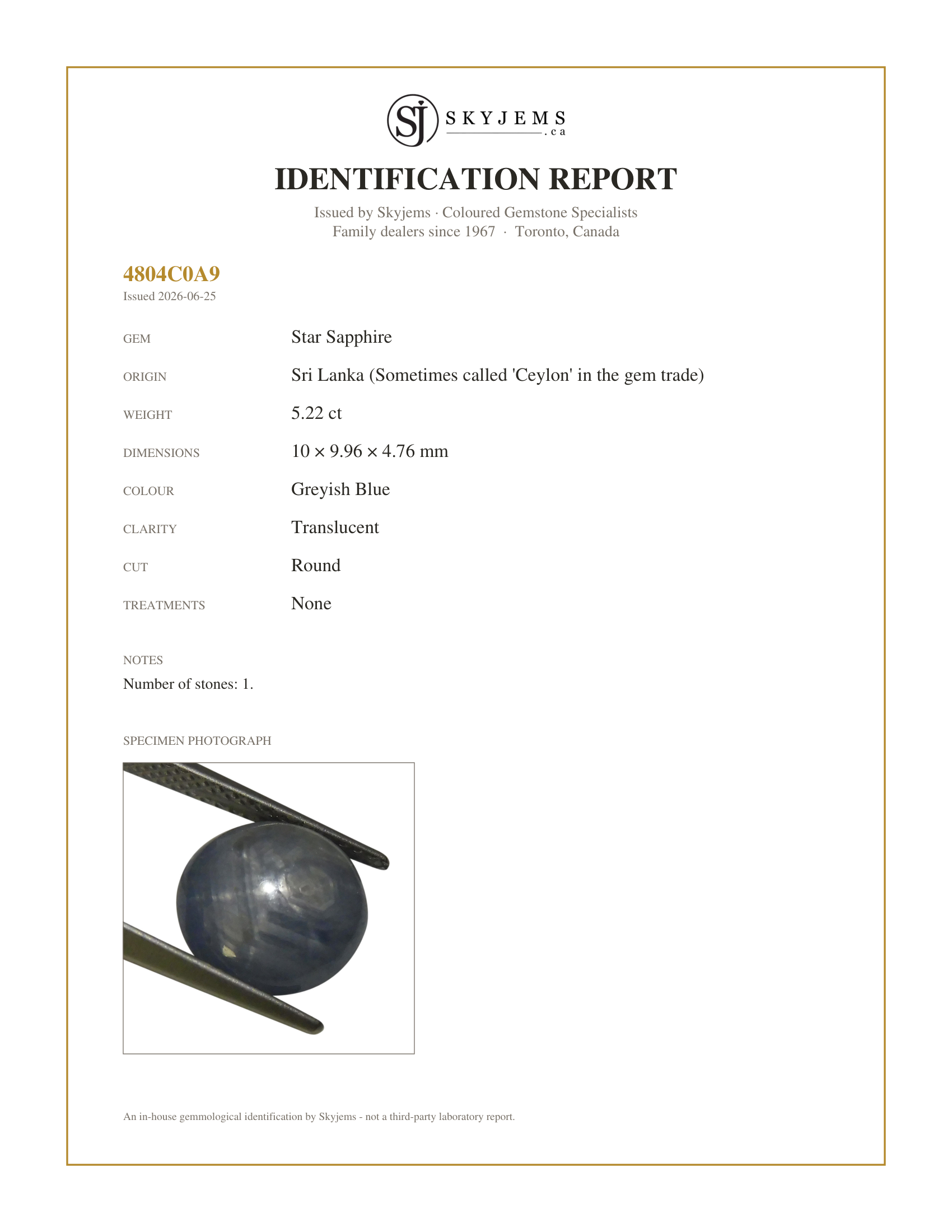 Skyjems Identification Report for — 5.22 ct Round Star Sapphire