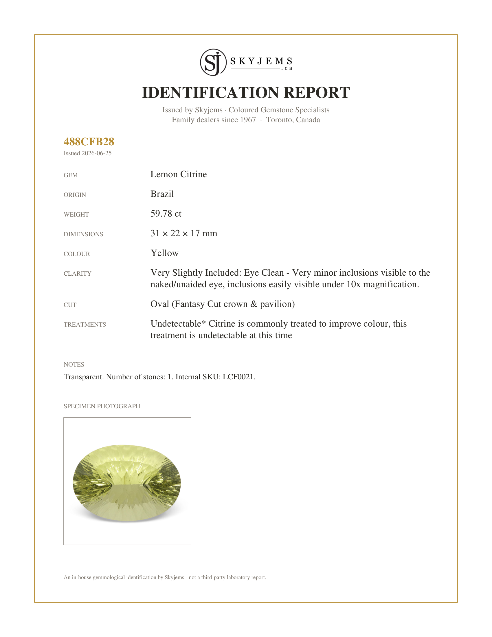 Skyjems Identification Report for LCF0021 — 59.78ct Oval Lemon Citrine Fantasy/Fancy Cut