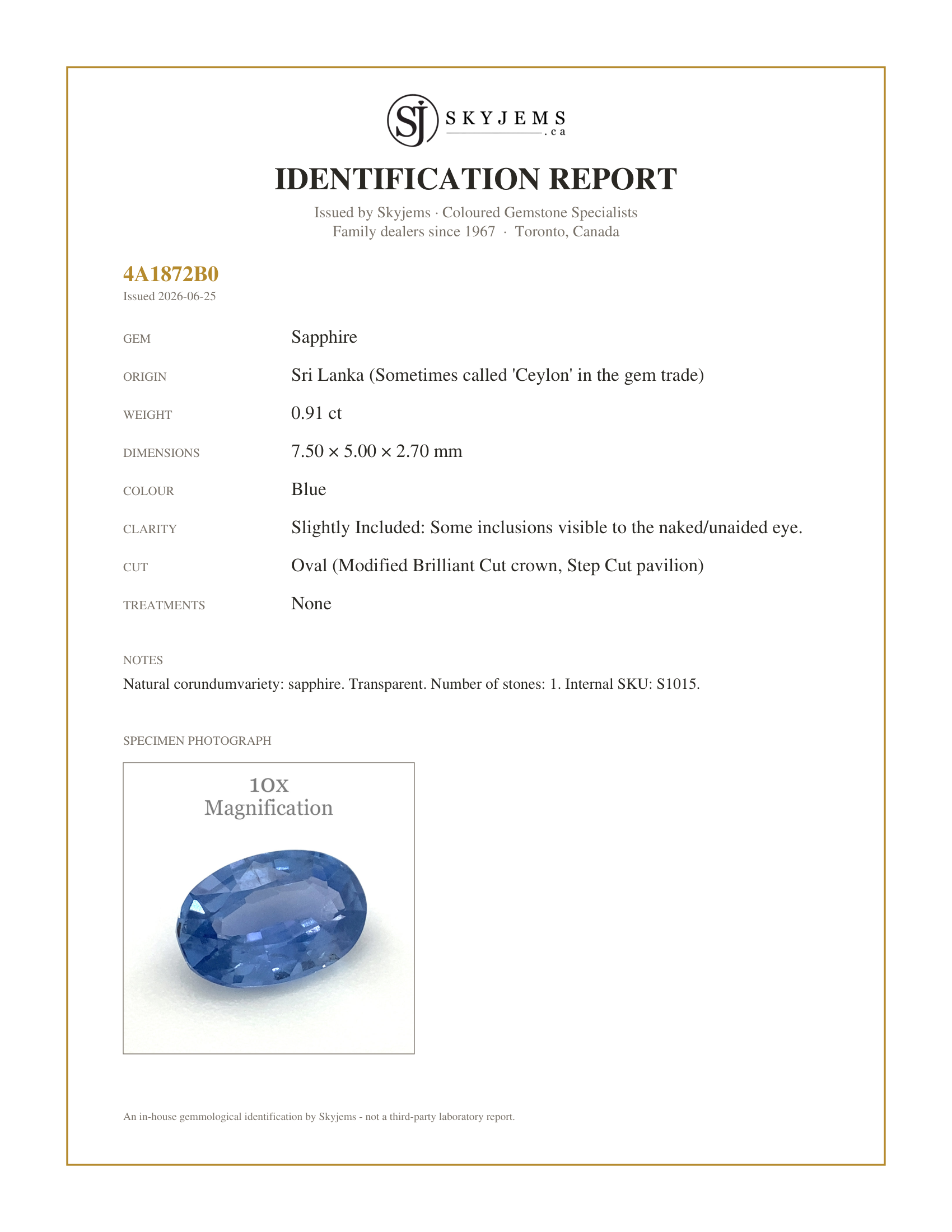 Skyjems Identification Report for S1015 — 0.91ct Oval Blue Sapphire Unheated