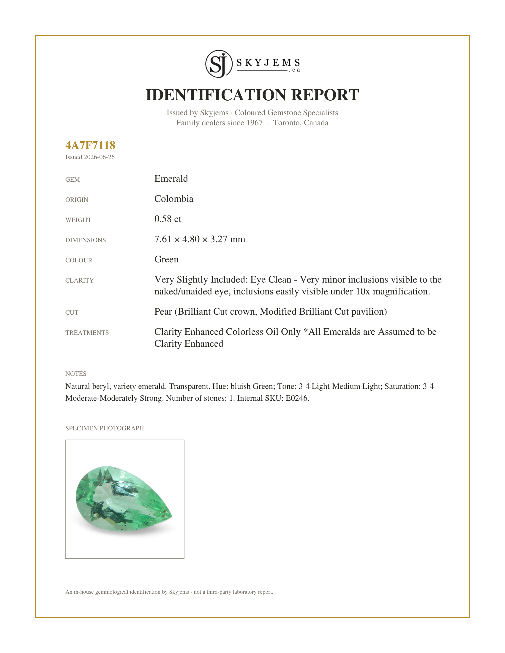Skyjems Identification Report for E0246 — 0.58ct Pear Green Emerald from Colombia