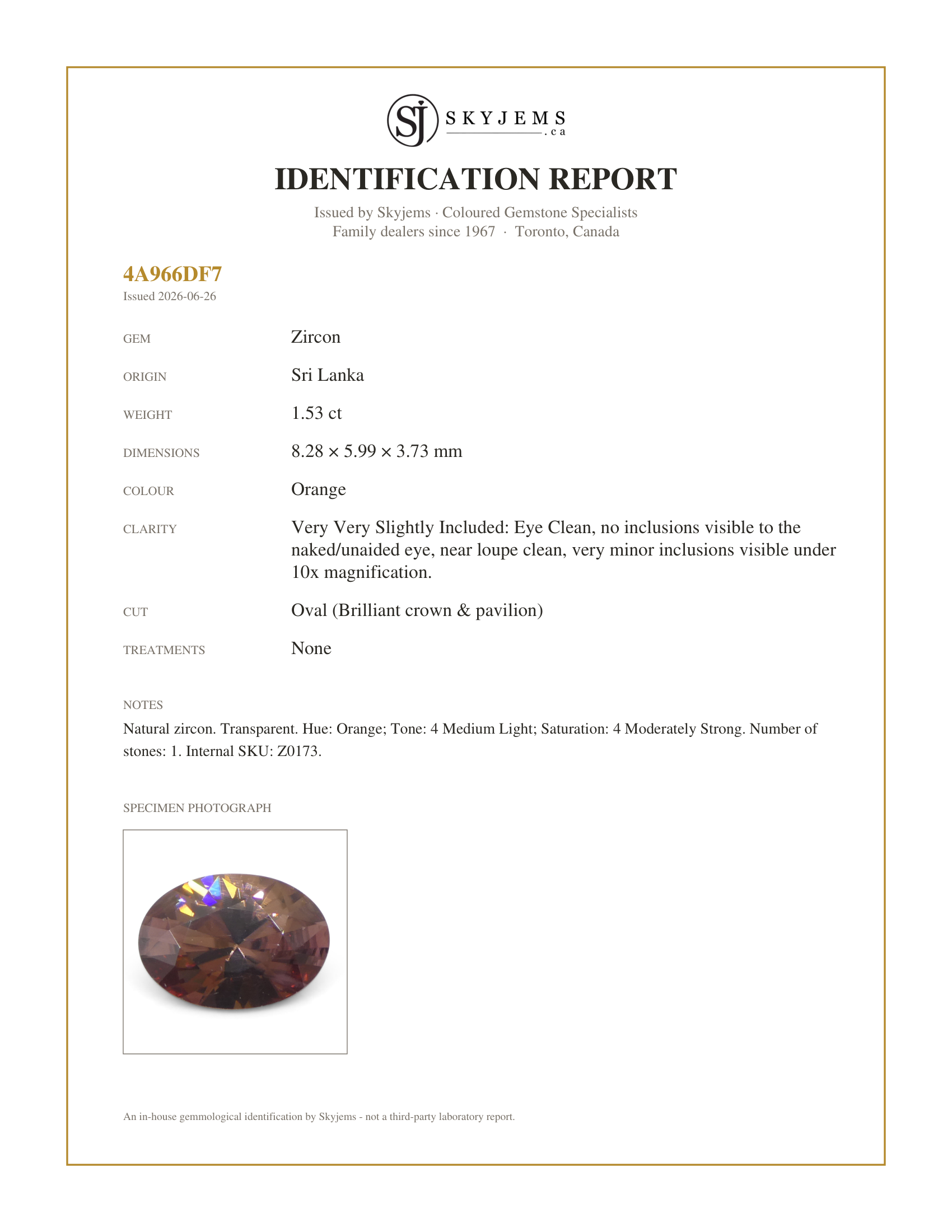 Skyjems Identification Report for Z0173 — 1.53ct Natural Earth Mined Oval Master Brilliant Cut Orange Zircon from Sri Lanka