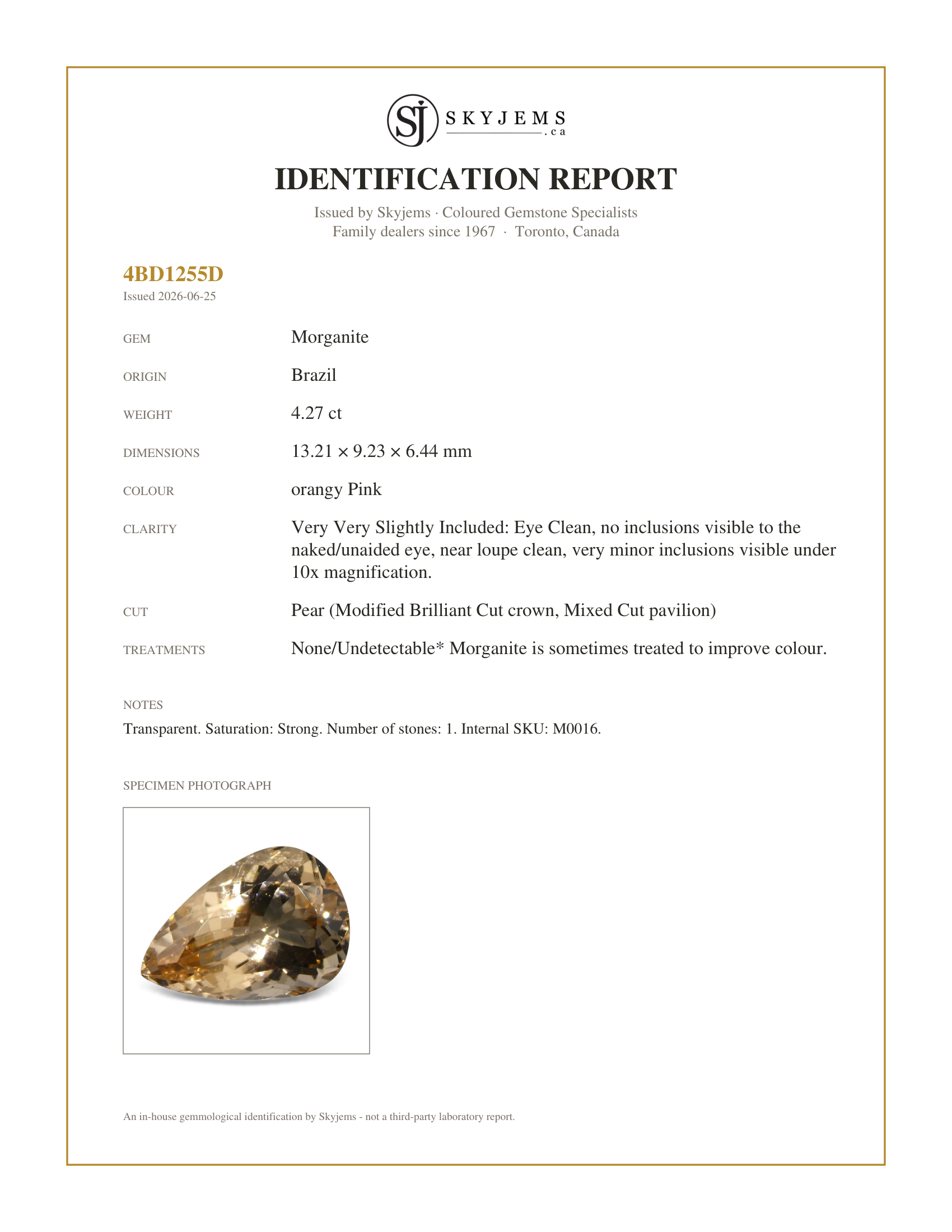 Skyjems Identification Report for M0016 — 4.27 ct Pear Morganite