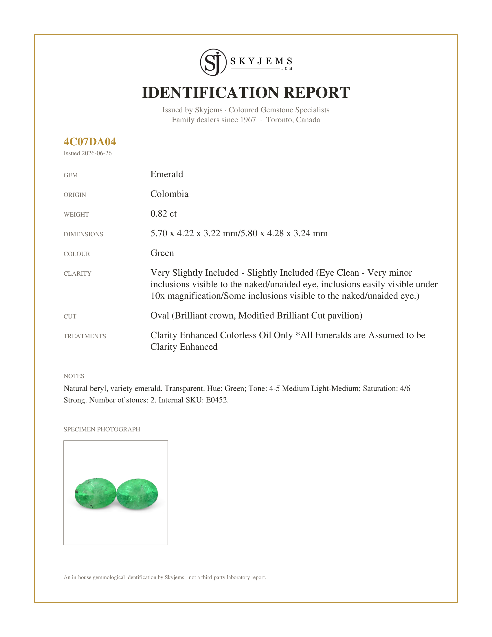 Skyjems Identification Report for E0452 — 0.82ct Pair Oval Green Emerald from Colombia