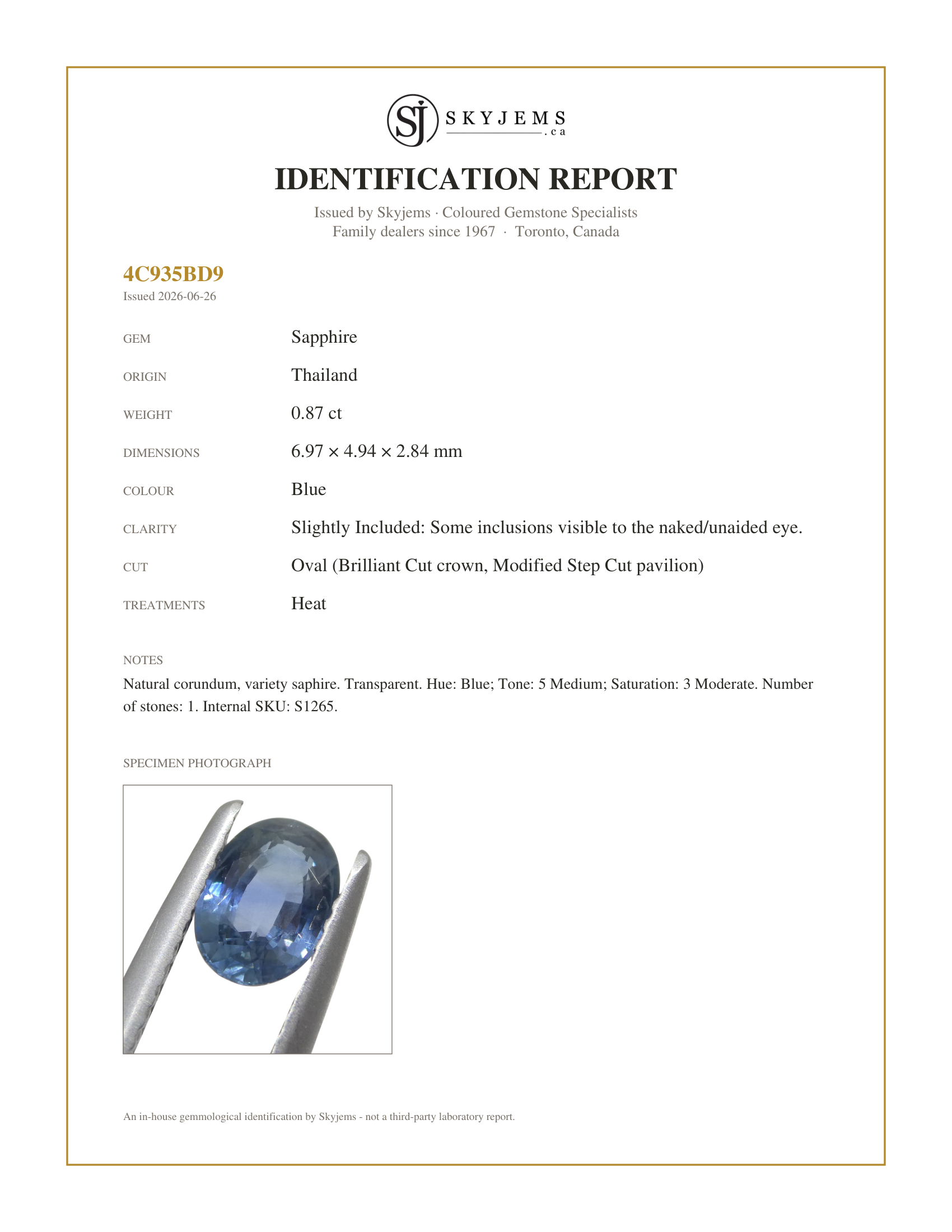 Skyjems Identification Report for S1265 — 0.87ct Oval Blue Sapphire from Thailand