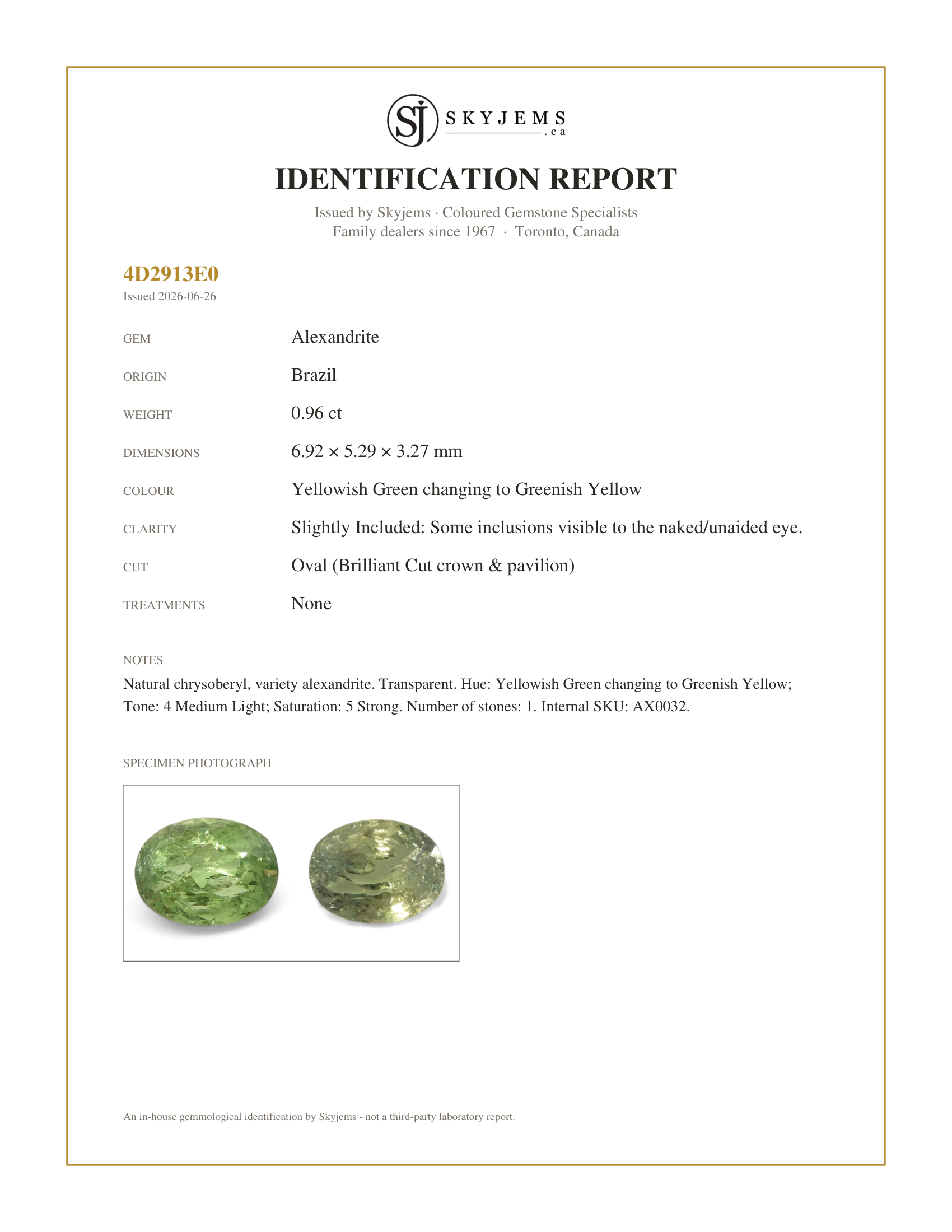 Skyjems Identification Report for AX0032 — 0.96ct Oval Yellowish Green to Greenish Yellow Alexandrite from Brazil, Unheated