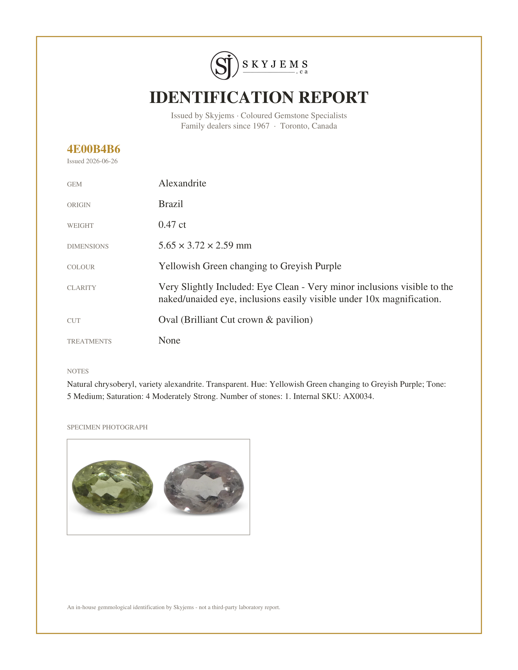 Skyjems Identification Report for AX0034 — 0.47ct Oval Yellowish Green to Greyish Purple Alexandrite from Brazil, Unheated