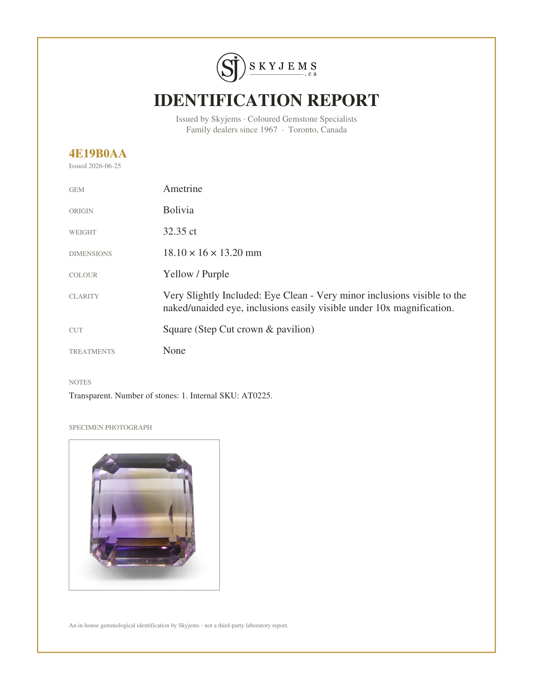 Skyjems Identification Report for AT0225 — 32.35 ct Square Ametrine, 100% Natural Very Rare Single Source Gem from Bolivia