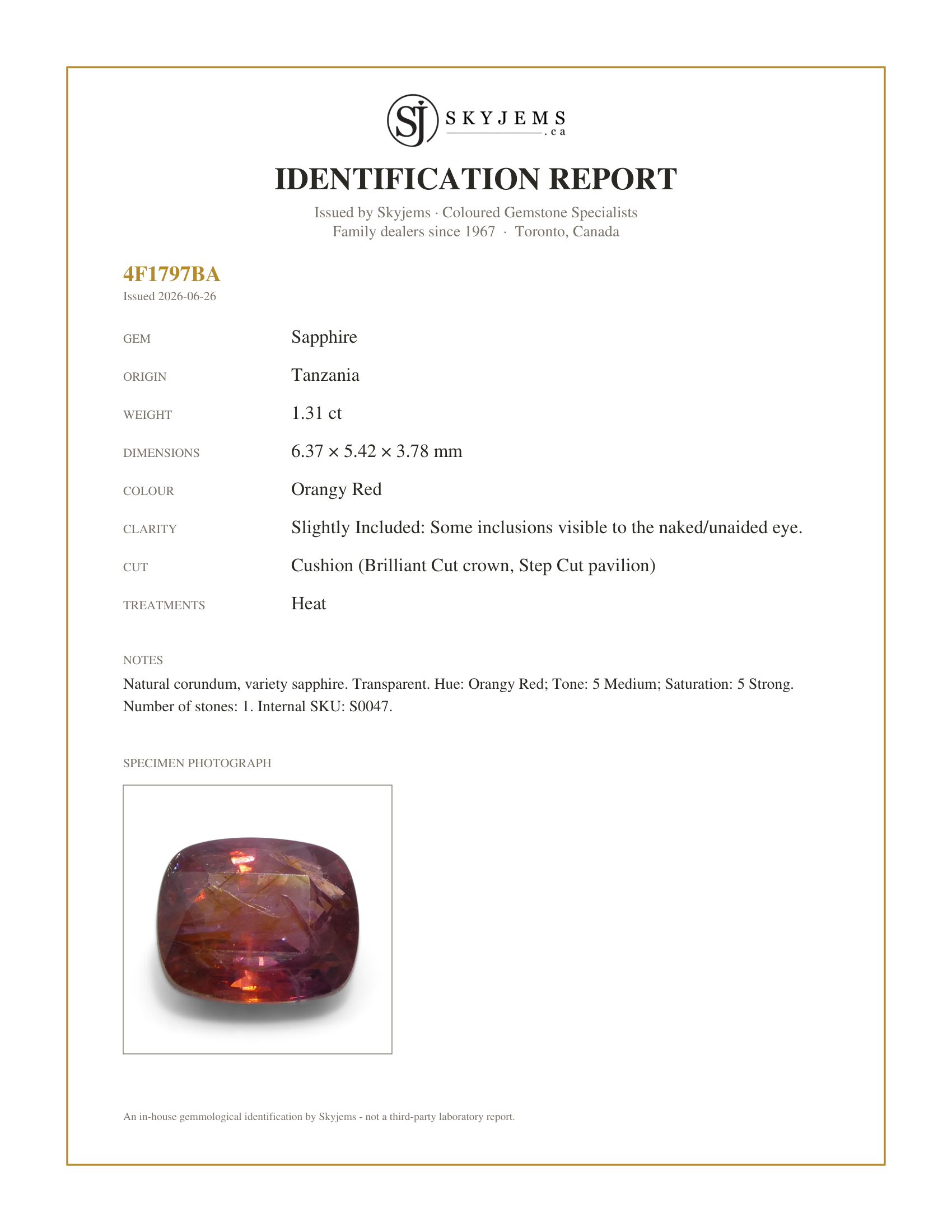 Skyjems Identification Report for S0047 — 1.31ct Cushion Orangy Red Sapphire from Tanzania