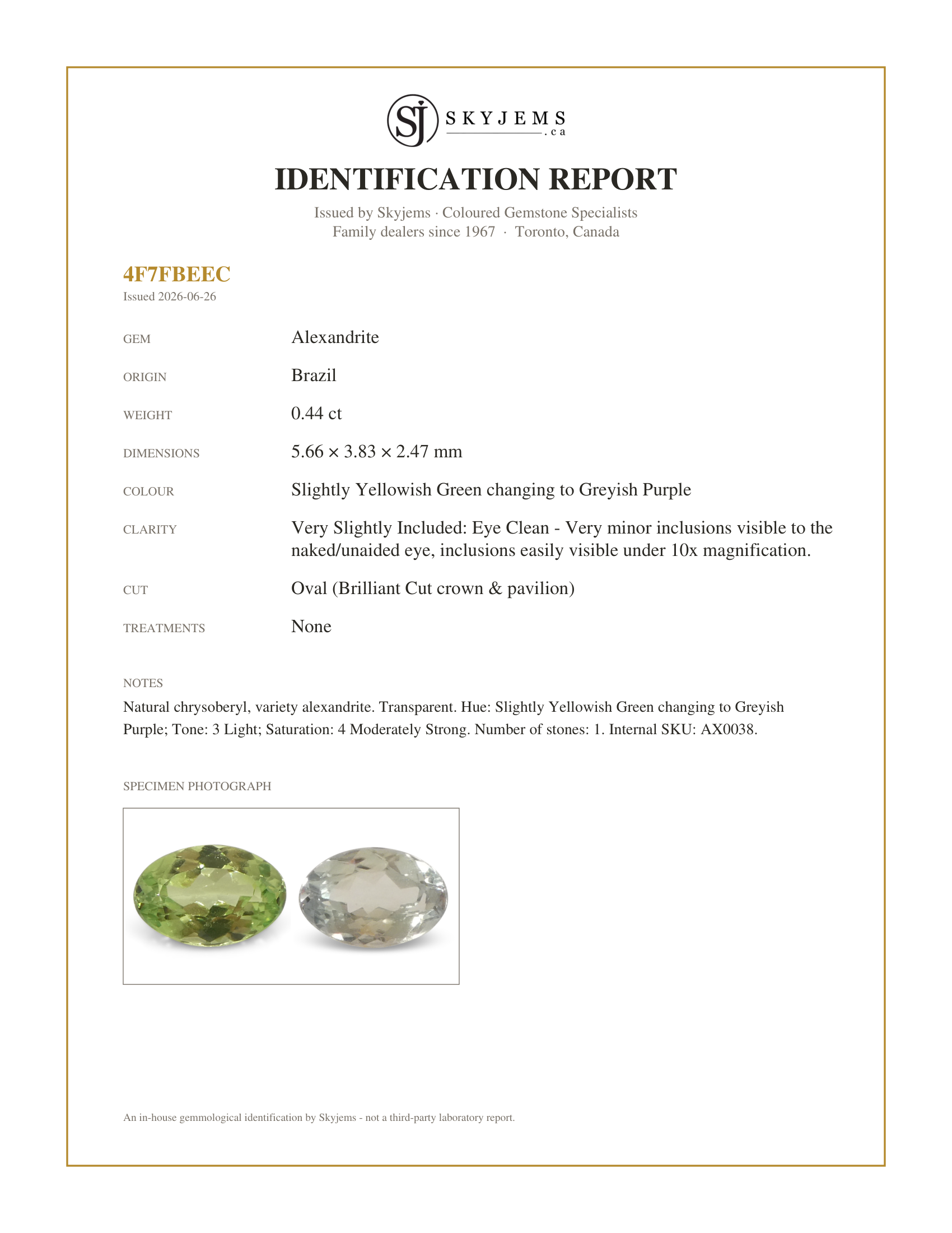 Skyjems Identification Report for AX0038 — 0.44ct Oval Yellowish Green to Greyish Purple Alexandrite from Brazil, Unheated