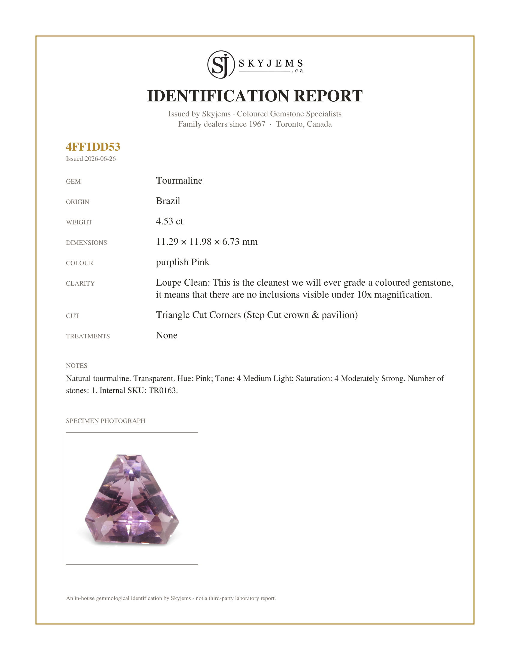 Skyjems Identification Report for TR0163 — 4.53ct Triangle Cut Corners Pink Tourmaline
